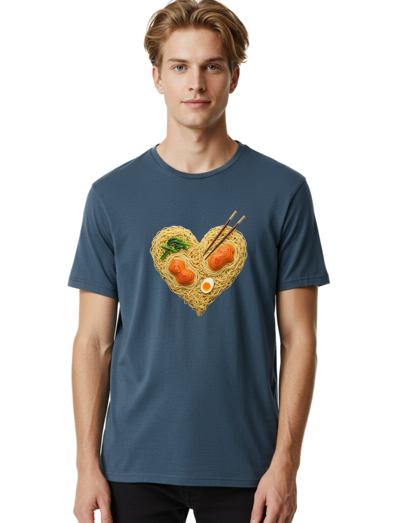 Ramen-Noodles-Heart-1 Men'S Graphic Tee, 100% Cotton, Comfortable Casual Summer Wear, Machine Washable, Ramen Noodles, Heart-Shaped Noodles, Asian Cuisine, Delicious Meal, Savory Flavors, Boiled Egg, Chopsticks, Green Vegetables Bae721