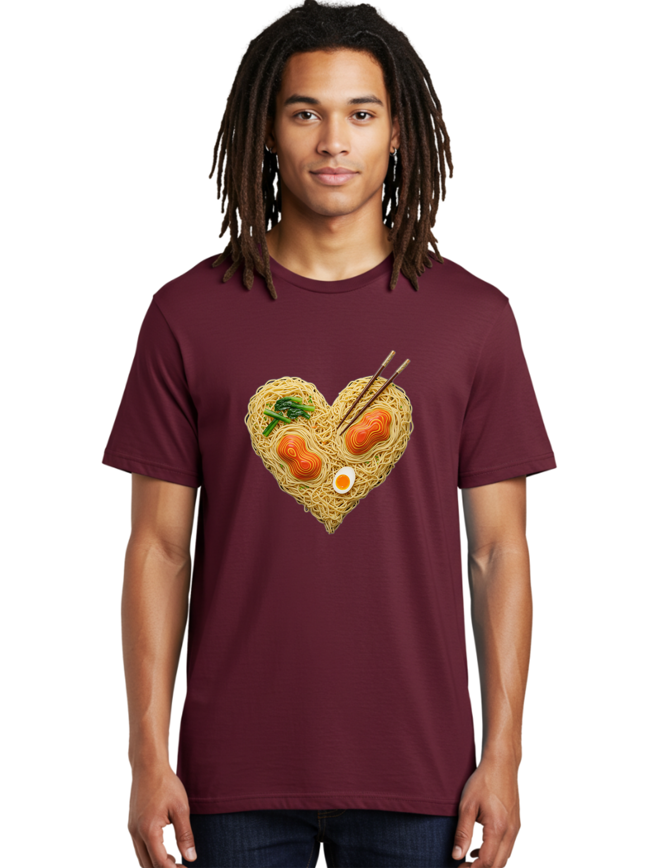 Ramen-Noodles-Heart-1 Men'S Graphic Tee, 100% Cotton, Comfortable Casual Summer Wear, Machine Washable, Ramen Noodles, Heart-Shaped Noodles, Asian Cuisine, Delicious Meal, Savory Flavors, Boiled Egg, Chopsticks, Green Vegetables Bae721