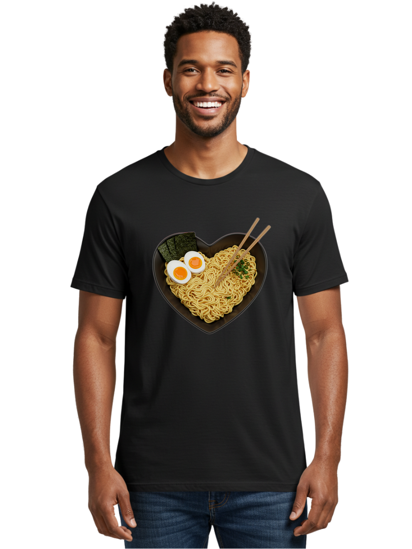 Ramen-Noodles-Heart-Shaped-Bowl Men'S Graphic Tee, 100% Cotton, Comfortable Casual Summer Wear, Machine Washable, Ramen Noodles, Heart-Shaped Bowl, Soft-Boiled Eggs, Seaweed, Chopsticks, Asian Cuisine, Comfort Food, Savory Dish, Noodle Soup, Bae722