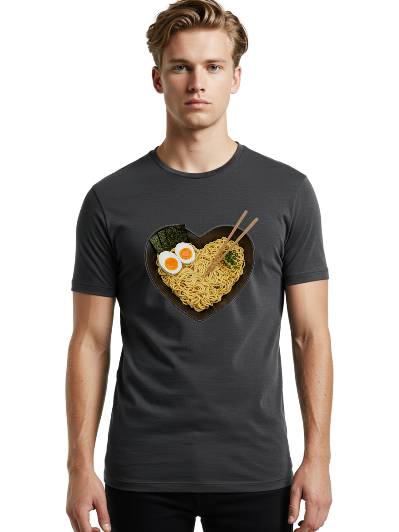 Ramen-Noodles-Heart-Shaped-Bowl Men'S Graphic Tee, 100% Cotton, Comfortable Casual Summer Wear, Machine Washable, Ramen Noodles, Heart-Shaped Bowl, Soft-Boiled Eggs, Seaweed, Chopsticks, Asian Cuisine, Comfort Food, Savory Dish, Noodle Soup, Bae722