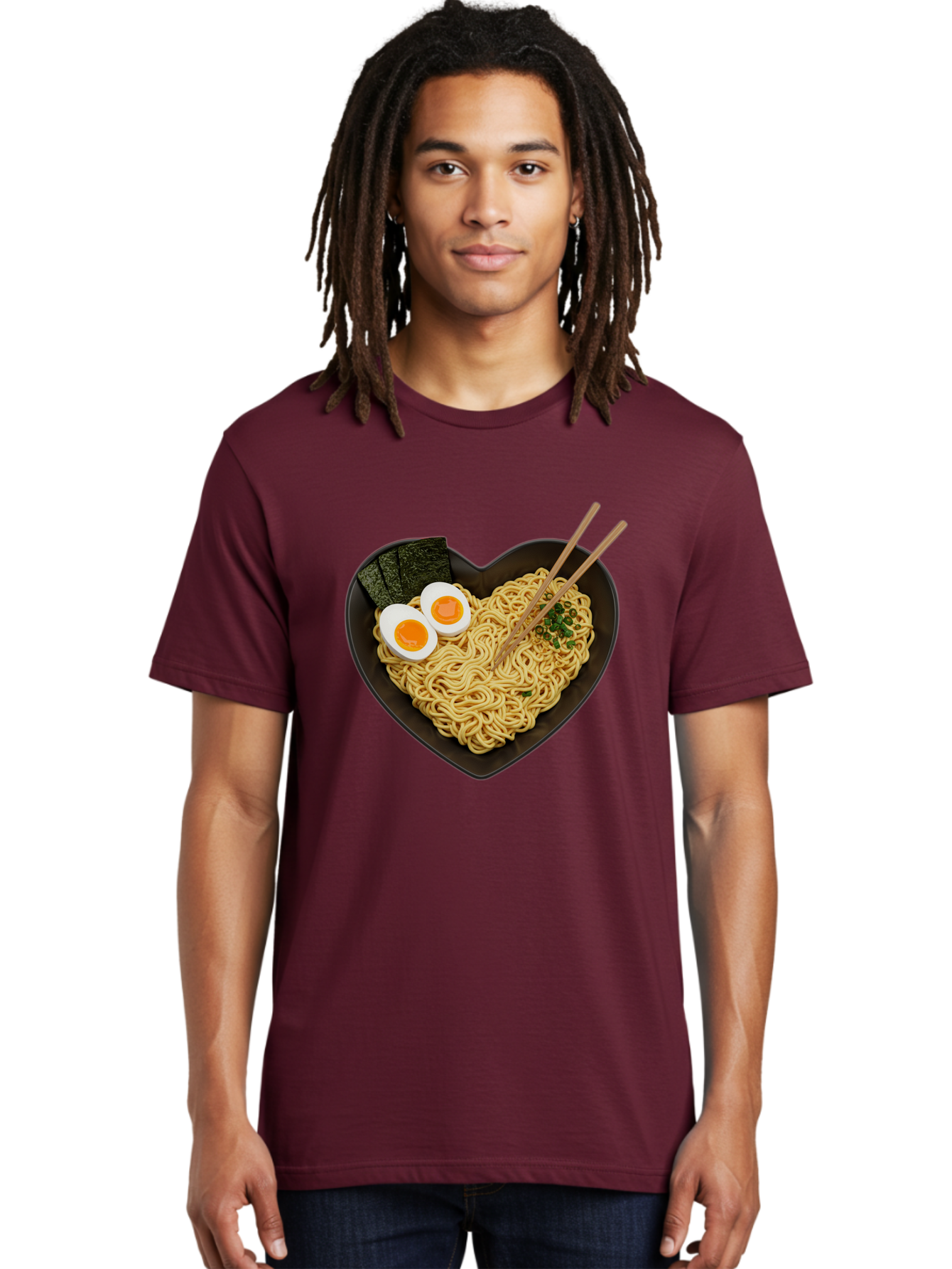 Ramen-Noodles-Heart-Shaped-Bowl Men'S Graphic Tee, 100% Cotton, Comfortable Casual Summer Wear, Machine Washable, Ramen Noodles, Heart-Shaped Bowl, Soft-Boiled Eggs, Seaweed, Chopsticks, Asian Cuisine, Comfort Food, Savory Dish, Noodle Soup, Bae722
