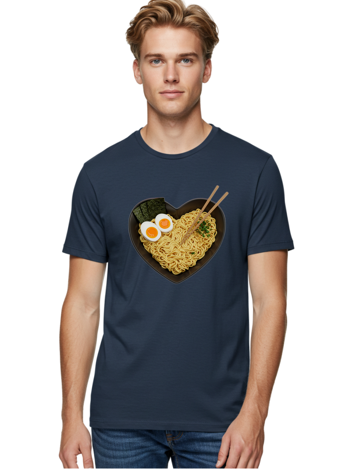 Ramen-Noodles-Heart-Shaped-Bowl Men'S Graphic Tee, 100% Cotton, Comfortable Casual Summer Wear, Machine Washable, Ramen Noodles, Heart-Shaped Bowl, Soft-Boiled Eggs, Seaweed, Chopsticks, Asian Cuisine, Comfort Food, Savory Dish, Noodle Soup, Bae722