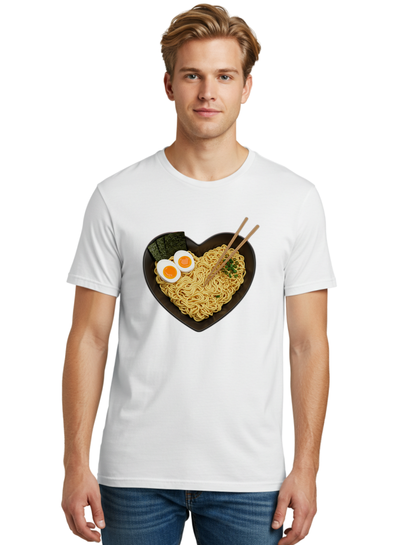 Ramen-Noodles-Heart-Shaped-Bowl Men'S Graphic Tee, 100% Cotton, Comfortable Casual Summer Wear, Machine Washable, Ramen Noodles, Heart-Shaped Bowl, Soft-Boiled Eggs, Seaweed, Chopsticks, Asian Cuisine, Comfort Food, Savory Dish, Noodle Soup, Bae722