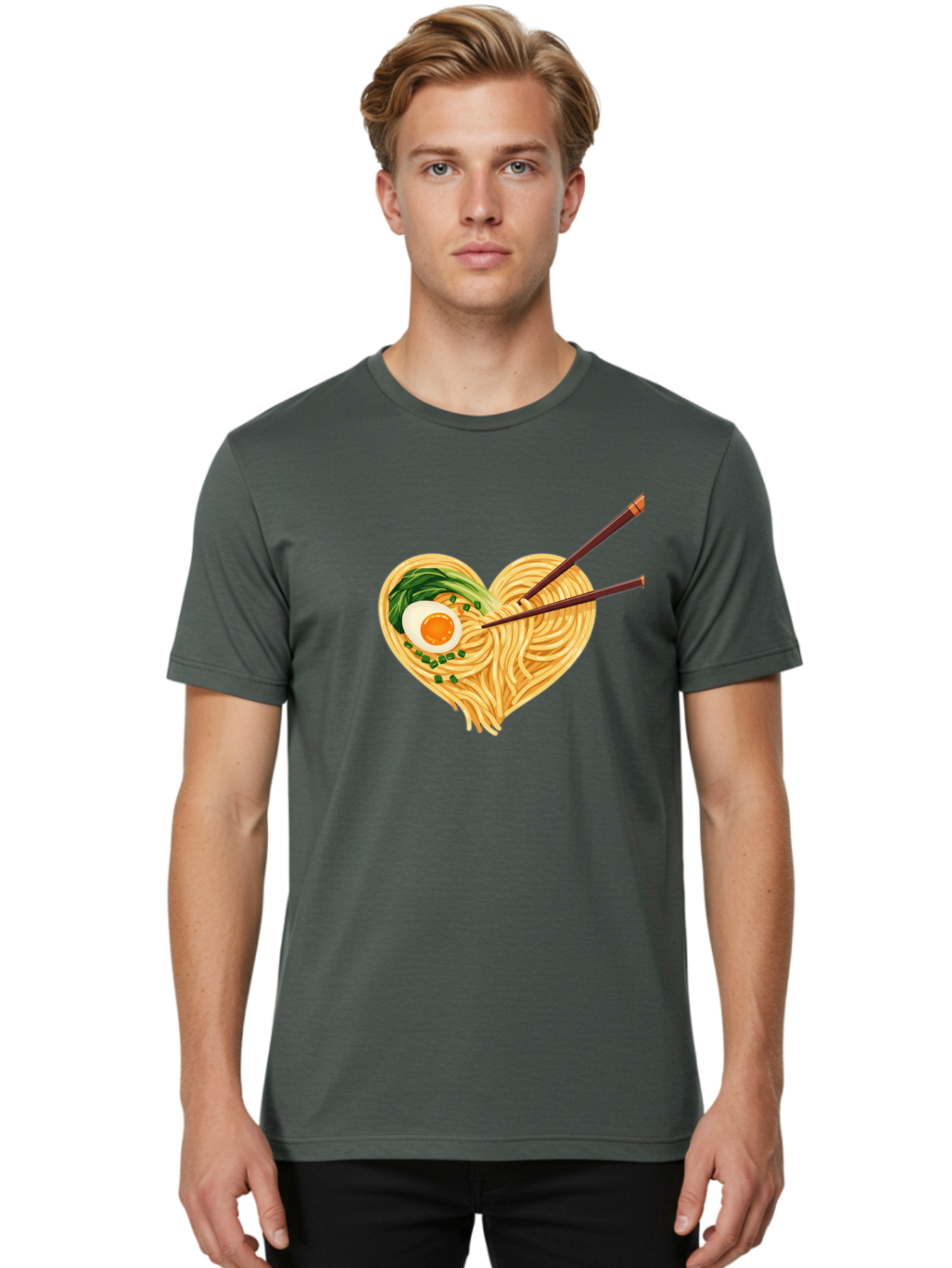 Ramen-Noodles-Heart Men'S Graphic Tee, 100% Cotton, Comfortable Casual Summer Wear, Machine Washable, Heart-Shaped Noodles, Ramen, Egg, Green Onions, Asian Cuisine, Chopsticks, Noodle Dish, Meal, Food, Appetizing, Delicious Bae723