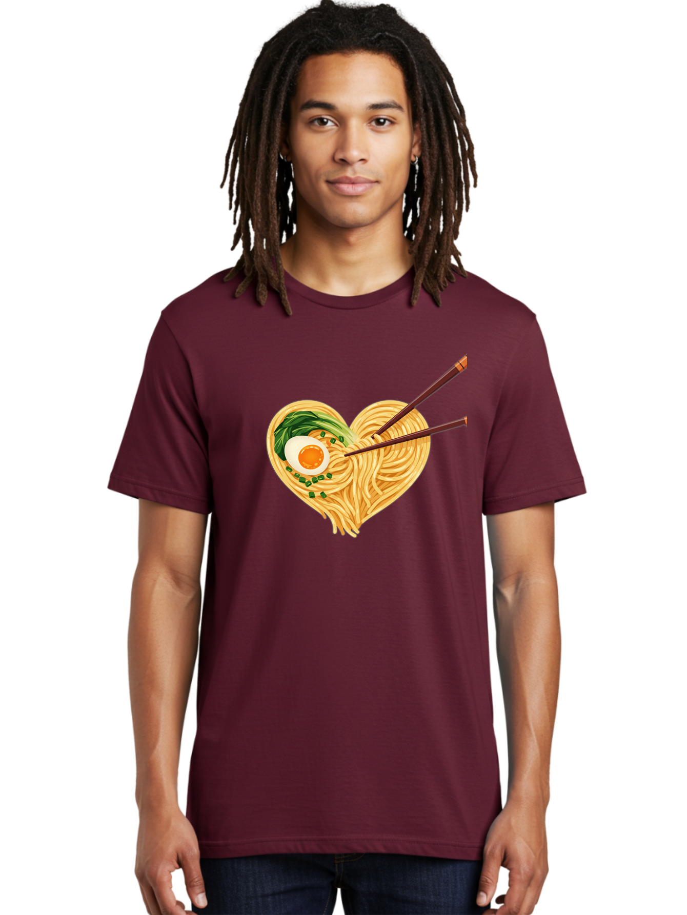 Ramen-Noodles-Heart Men'S Graphic Tee, 100% Cotton, Comfortable Casual Summer Wear, Machine Washable, Heart-Shaped Noodles, Ramen, Egg, Green Onions, Asian Cuisine, Chopsticks, Noodle Dish, Meal, Food, Appetizing, Delicious Bae723