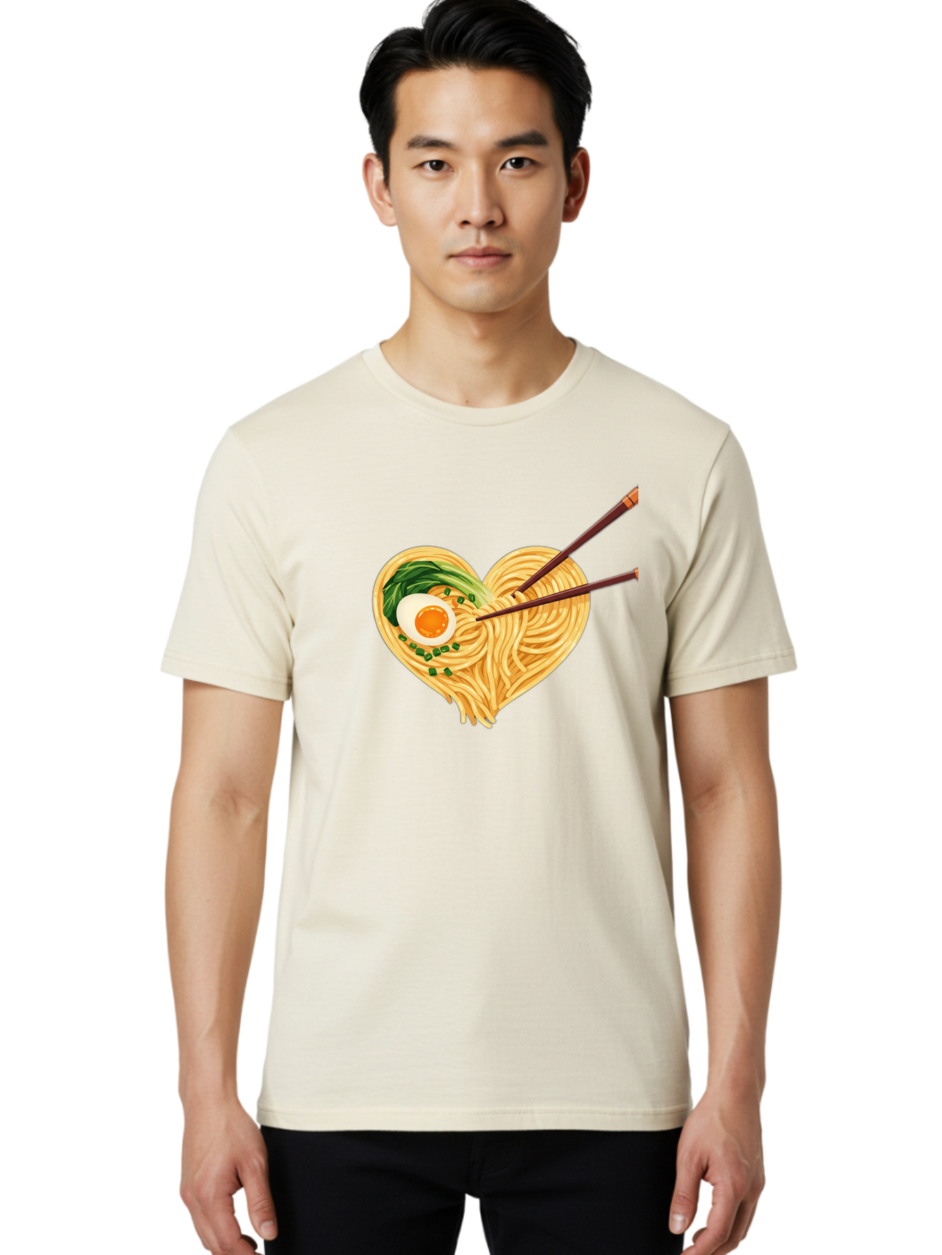 Ramen-Noodles-Heart Men'S Graphic Tee, 100% Cotton, Comfortable Casual Summer Wear, Machine Washable, Heart-Shaped Noodles, Ramen, Egg, Green Onions, Asian Cuisine, Chopsticks, Noodle Dish, Meal, Food, Appetizing, Delicious Bae723