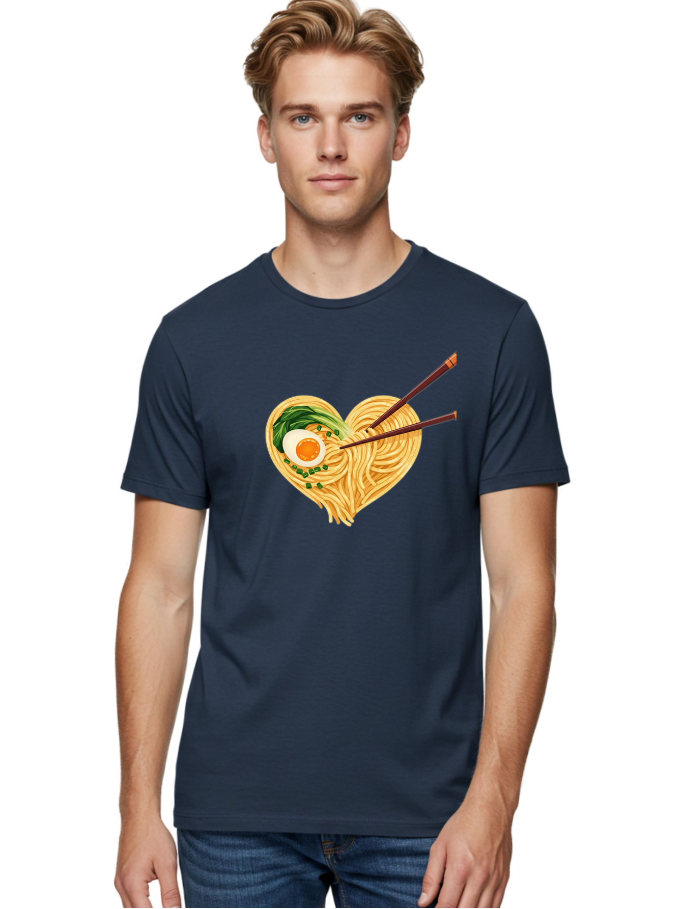 Ramen-Noodles-Heart Men'S Graphic Tee, 100% Cotton, Comfortable Casual Summer Wear, Machine Washable, Heart-Shaped Noodles, Ramen, Egg, Green Onions, Asian Cuisine, Chopsticks, Noodle Dish, Meal, Food, Appetizing, Delicious Bae723
