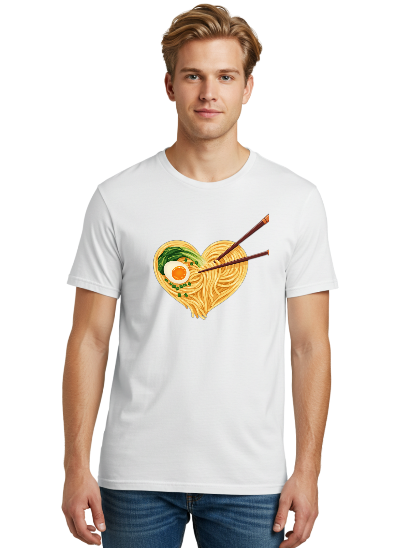 Ramen-Noodles-Heart Men'S Graphic Tee, 100% Cotton, Comfortable Casual Summer Wear, Machine Washable, Heart-Shaped Noodles, Ramen, Egg, Green Onions, Asian Cuisine, Chopsticks, Noodle Dish, Meal, Food, Appetizing, Delicious Bae723