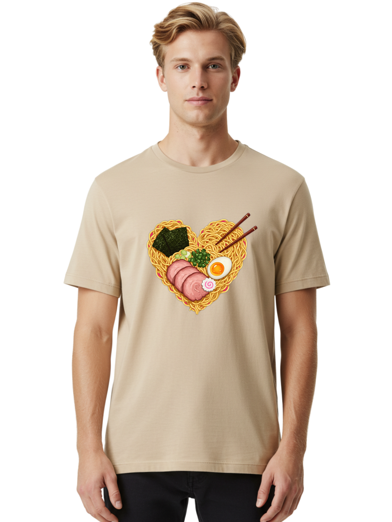 Ramen-Noodles Men'S Graphic Tee, 100% Cotton, Comfortable Casual Summer Wear, Machine Washable, Ramen Noodles, Sliced Meat, Boiled Egg, Seaweed, Green Onions, Fish Cake, Japanese Cuisine, Noodle Soup, Chopsticks, Food Art, Culinary Creativity, Bae724