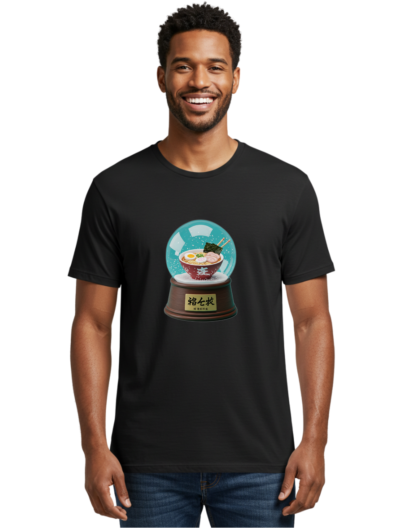 Ramen-Snow-Globe Men'S Graphic Tee, 100% Cotton, Comfortable Casual Summer Wear, Machine Washable, Ramen In A Snow Globe, Japanese Cuisine, Noodle Soup, Egg, Pork Slices, Seaweed, Chopsticks, Kanji Characters, Miniature Food, Winter Scene, Bae725