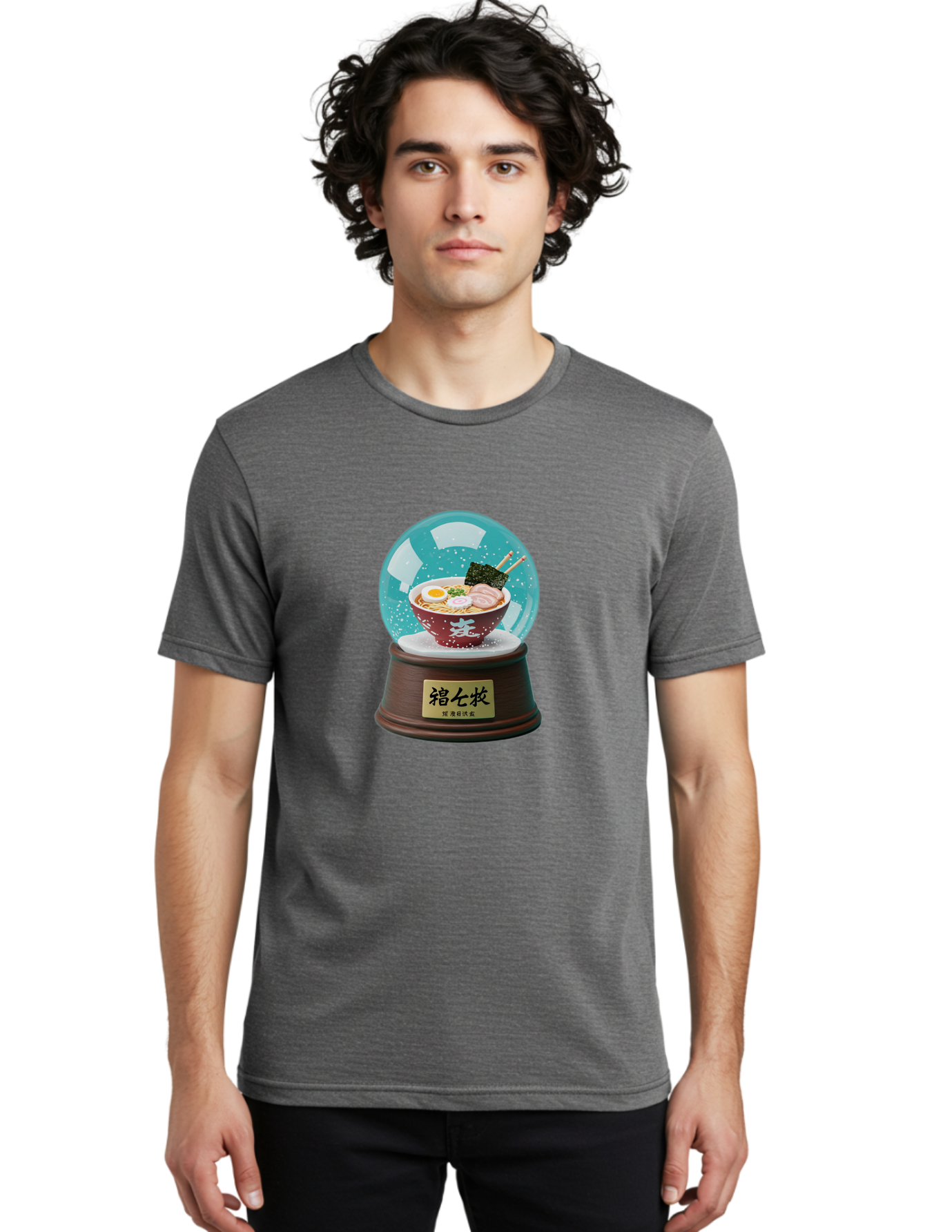 Ramen-Snow-Globe Men'S Graphic Tee, 100% Cotton, Comfortable Casual Summer Wear, Machine Washable, Ramen In A Snow Globe, Japanese Cuisine, Noodle Soup, Egg, Pork Slices, Seaweed, Chopsticks, Kanji Characters, Miniature Food, Winter Scene, Bae725