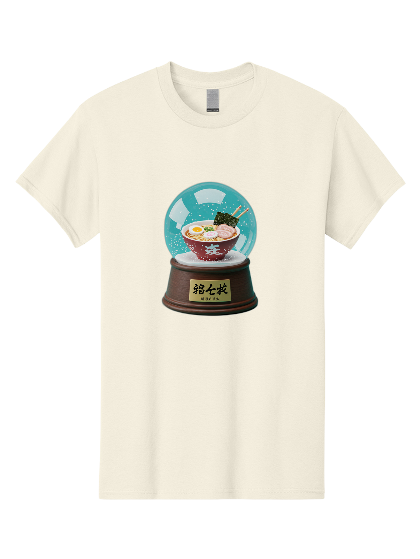 Ramen-Snow-Globe Men'S Graphic Tee, 100% Cotton, Comfortable Casual Summer Wear, Machine Washable, Ramen In A Snow Globe, Japanese Cuisine, Noodle Soup, Egg, Pork Slices, Seaweed, Chopsticks, Kanji Characters, Miniature Food, Winter Scene, Bae725