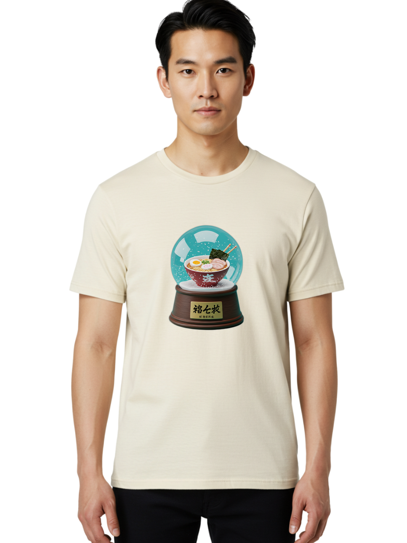 Ramen-Snow-Globe Men'S Graphic Tee, 100% Cotton, Comfortable Casual Summer Wear, Machine Washable, Ramen In A Snow Globe, Japanese Cuisine, Noodle Soup, Egg, Pork Slices, Seaweed, Chopsticks, Kanji Characters, Miniature Food, Winter Scene, Bae725