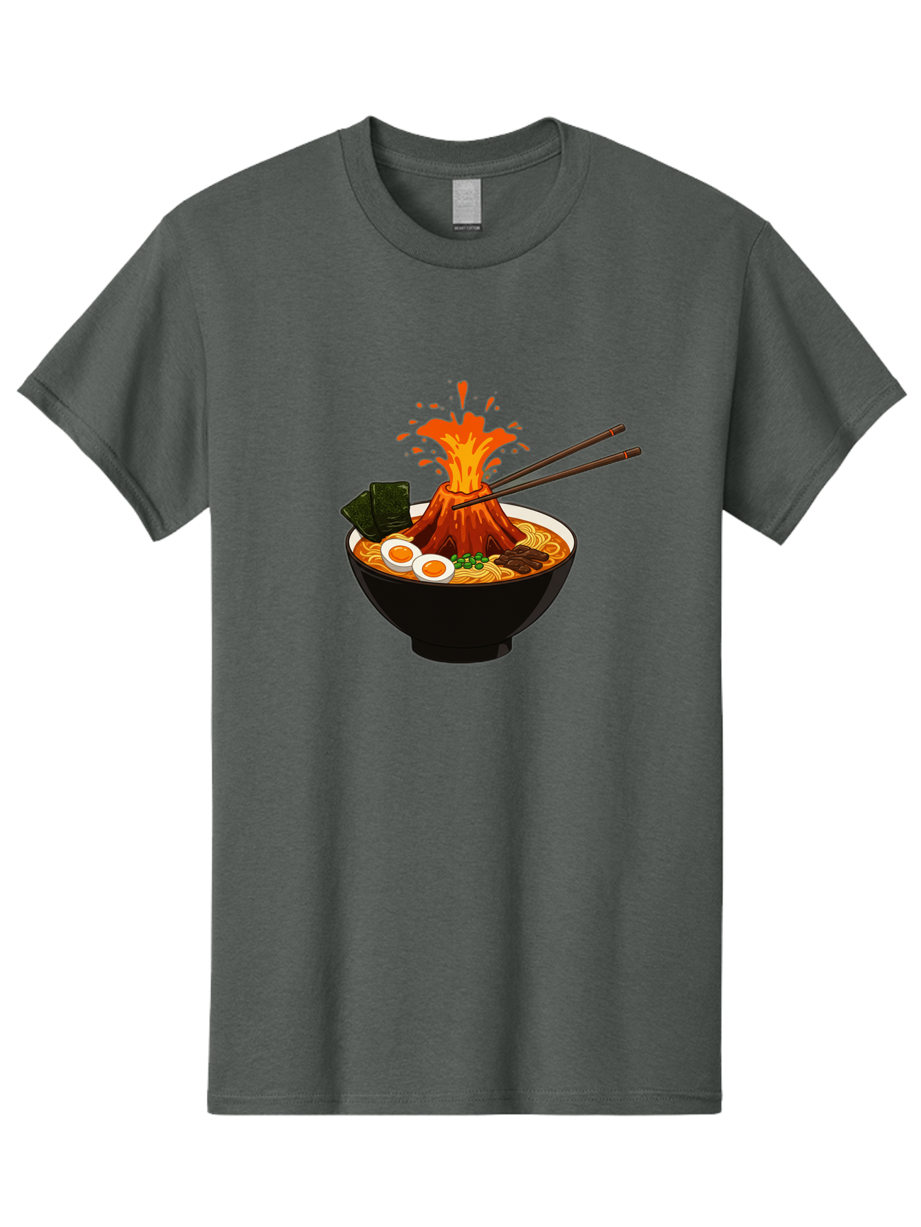 Ramen-Volcano Men'S Graphic Tee, 100% Cotton, Comfortable Casual Summer Wear, Machine Washable, Bowl Of Ramen, Steaming Hot Noodles, Spicy Soup, Boiled Egg, Seaweed, Chopsticks, Fiery Volcano, Japanese Cuisine, Savory Flavors, Delicious Meal, Bae726