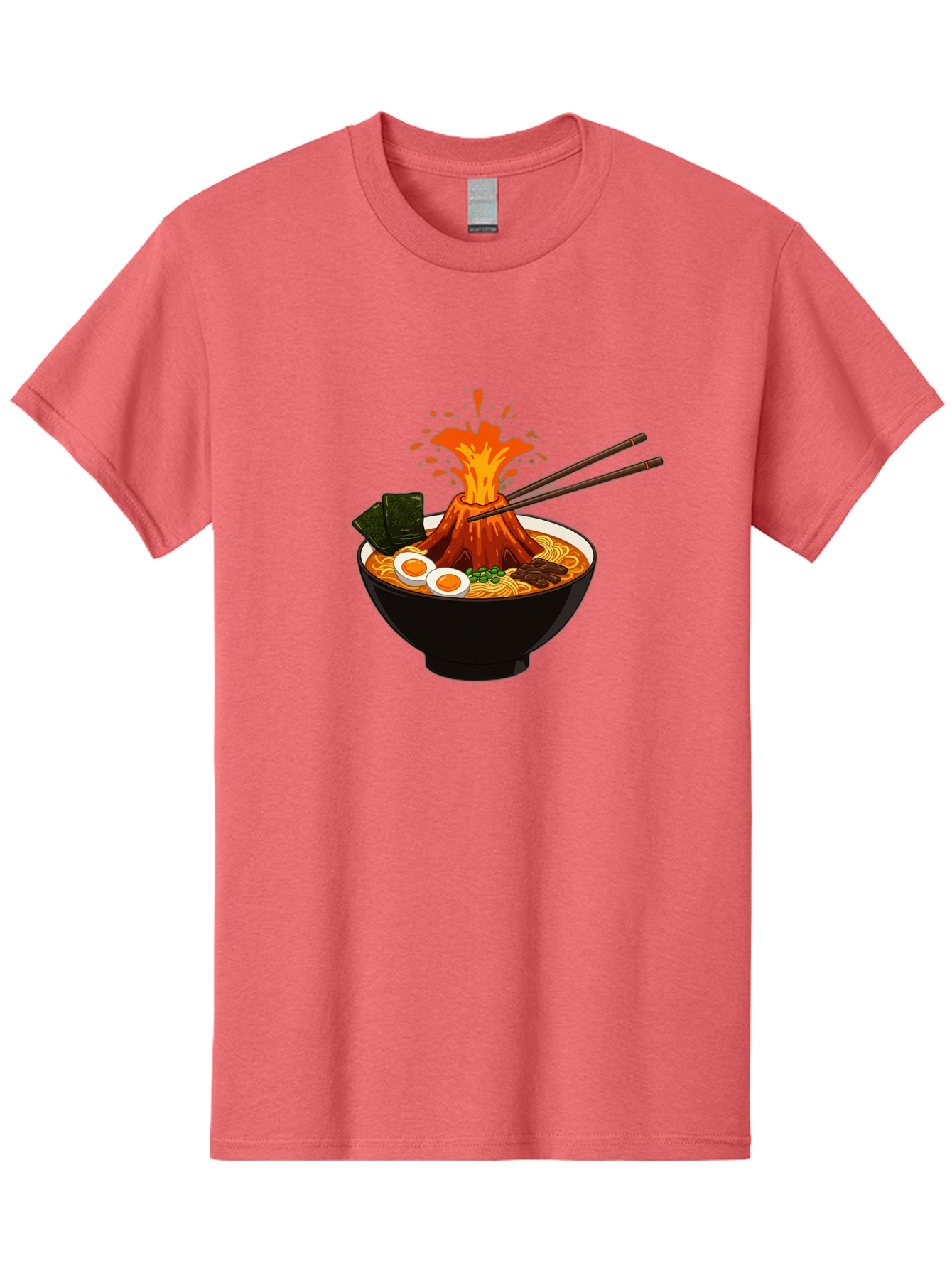 Ramen-Volcano Men'S Graphic Tee, 100% Cotton, Comfortable Casual Summer Wear, Machine Washable, Bowl Of Ramen, Steaming Hot Noodles, Spicy Soup, Boiled Egg, Seaweed, Chopsticks, Fiery Volcano, Japanese Cuisine, Savory Flavors, Delicious Meal, Bae726