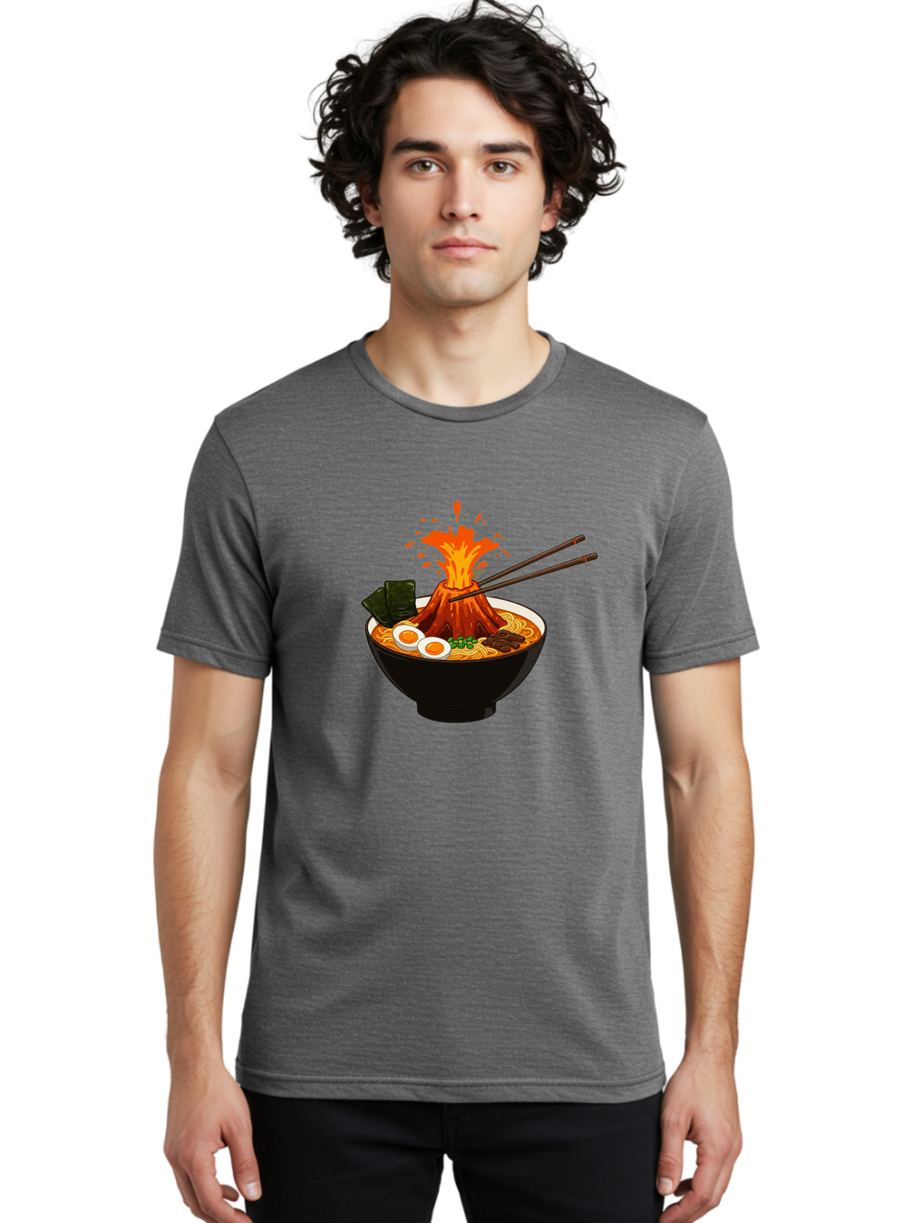 Ramen-Volcano Men'S Graphic Tee, 100% Cotton, Comfortable Casual Summer Wear, Machine Washable, Bowl Of Ramen, Steaming Hot Noodles, Spicy Soup, Boiled Egg, Seaweed, Chopsticks, Fiery Volcano, Japanese Cuisine, Savory Flavors, Delicious Meal, Bae726
