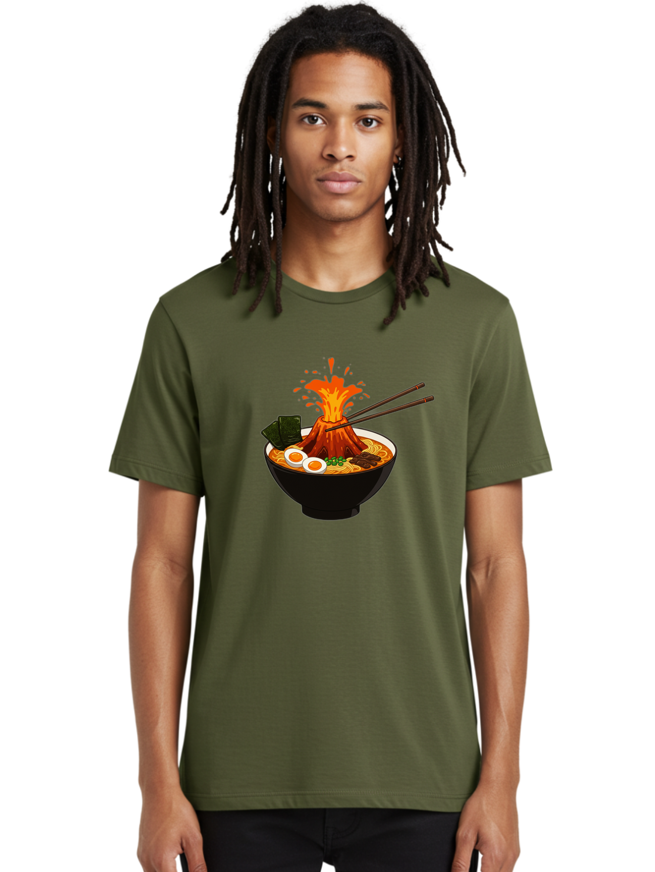 Ramen-Volcano Men'S Graphic Tee, 100% Cotton, Comfortable Casual Summer Wear, Machine Washable, Bowl Of Ramen, Steaming Hot Noodles, Spicy Soup, Boiled Egg, Seaweed, Chopsticks, Fiery Volcano, Japanese Cuisine, Savory Flavors, Delicious Meal, Bae726