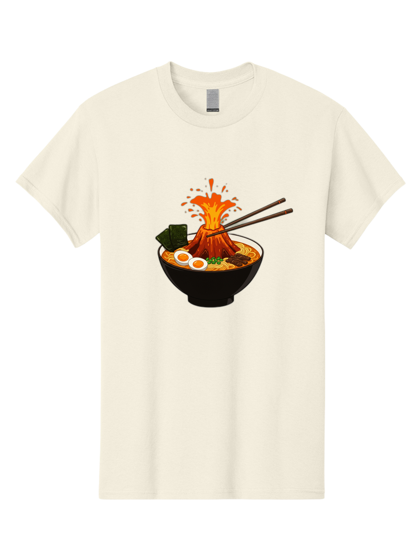 Ramen-Volcano Men'S Graphic Tee, 100% Cotton, Comfortable Casual Summer Wear, Machine Washable, Bowl Of Ramen, Steaming Hot Noodles, Spicy Soup, Boiled Egg, Seaweed, Chopsticks, Fiery Volcano, Japanese Cuisine, Savory Flavors, Delicious Meal, Bae726