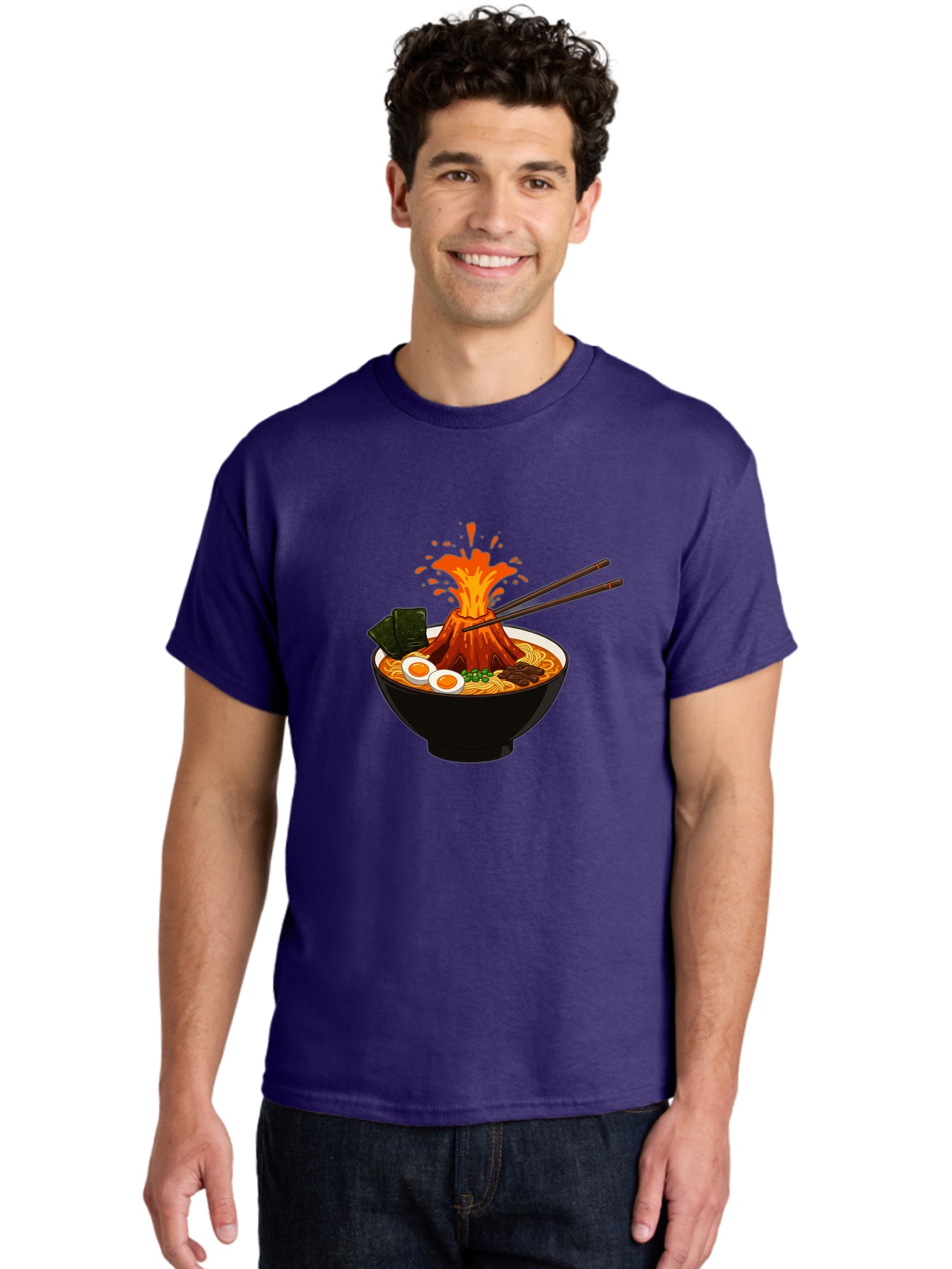 Ramen-Volcano Men'S Graphic Tee, 100% Cotton, Comfortable Casual Summer Wear, Machine Washable, Bowl Of Ramen, Steaming Hot Noodles, Spicy Soup, Boiled Egg, Seaweed, Chopsticks, Fiery Volcano, Japanese Cuisine, Savory Flavors, Delicious Meal, Bae726