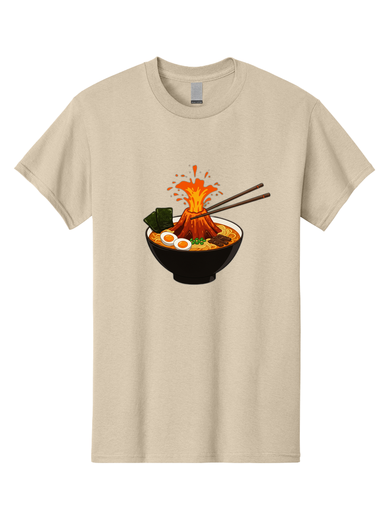 Ramen-Volcano Men'S Graphic Tee, 100% Cotton, Comfortable Casual Summer Wear, Machine Washable, Bowl Of Ramen, Steaming Hot Noodles, Spicy Soup, Boiled Egg, Seaweed, Chopsticks, Fiery Volcano, Japanese Cuisine, Savory Flavors, Delicious Meal, Bae726