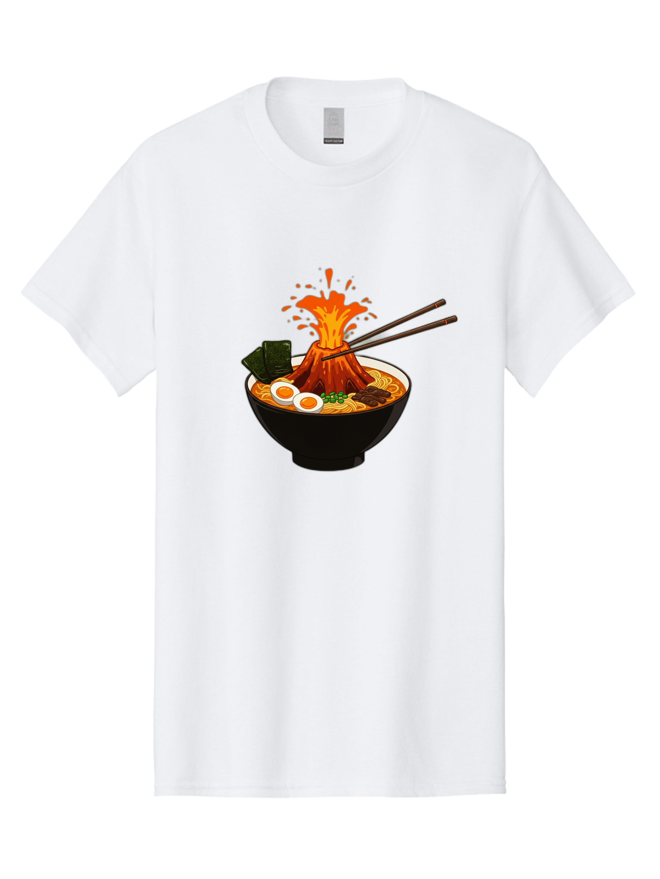 Ramen-Volcano Men'S Graphic Tee, 100% Cotton, Comfortable Casual Summer Wear, Machine Washable, Bowl Of Ramen, Steaming Hot Noodles, Spicy Soup, Boiled Egg, Seaweed, Chopsticks, Fiery Volcano, Japanese Cuisine, Savory Flavors, Delicious Meal, Bae726