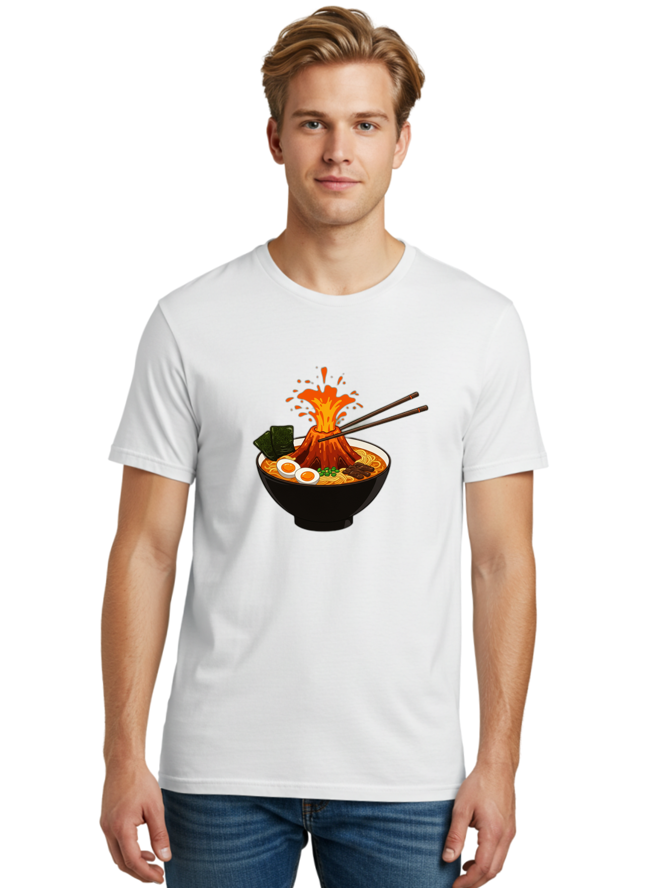 Ramen-Volcano Men'S Graphic Tee, 100% Cotton, Comfortable Casual Summer Wear, Machine Washable, Bowl Of Ramen, Steaming Hot Noodles, Spicy Soup, Boiled Egg, Seaweed, Chopsticks, Fiery Volcano, Japanese Cuisine, Savory Flavors, Delicious Meal, Bae726