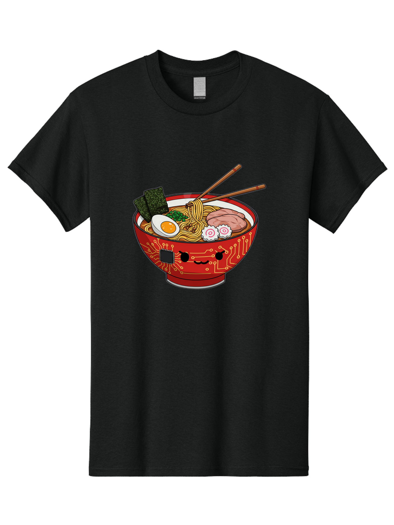 Ramen-With-Circuitry Men'S Graphic Tee, 100% Cotton, Comfortable Casual Summer Wear, Machine Washable, Ramen Bowl, Robot Face, Circuit Board Design, Chopsticks, Boiled Egg, Seaweed, Pork Slices, Narutomaki, Japanese Cuisine, Tech Meets Food, Bae727