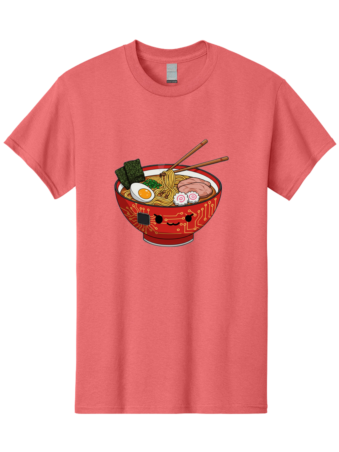 Ramen-With-Circuitry Men'S Graphic Tee, 100% Cotton, Comfortable Casual Summer Wear, Machine Washable, Ramen Bowl, Robot Face, Circuit Board Design, Chopsticks, Boiled Egg, Seaweed, Pork Slices, Narutomaki, Japanese Cuisine, Tech Meets Food, Bae727