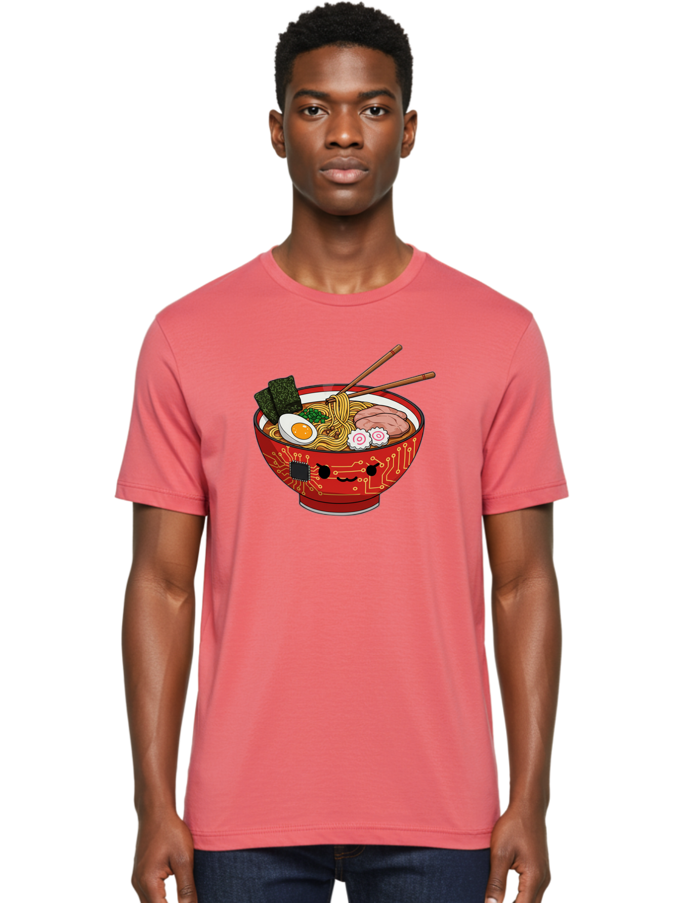 Ramen-With-Circuitry Men'S Graphic Tee, 100% Cotton, Comfortable Casual Summer Wear, Machine Washable, Ramen Bowl, Robot Face, Circuit Board Design, Chopsticks, Boiled Egg, Seaweed, Pork Slices, Narutomaki, Japanese Cuisine, Tech Meets Food, Bae727