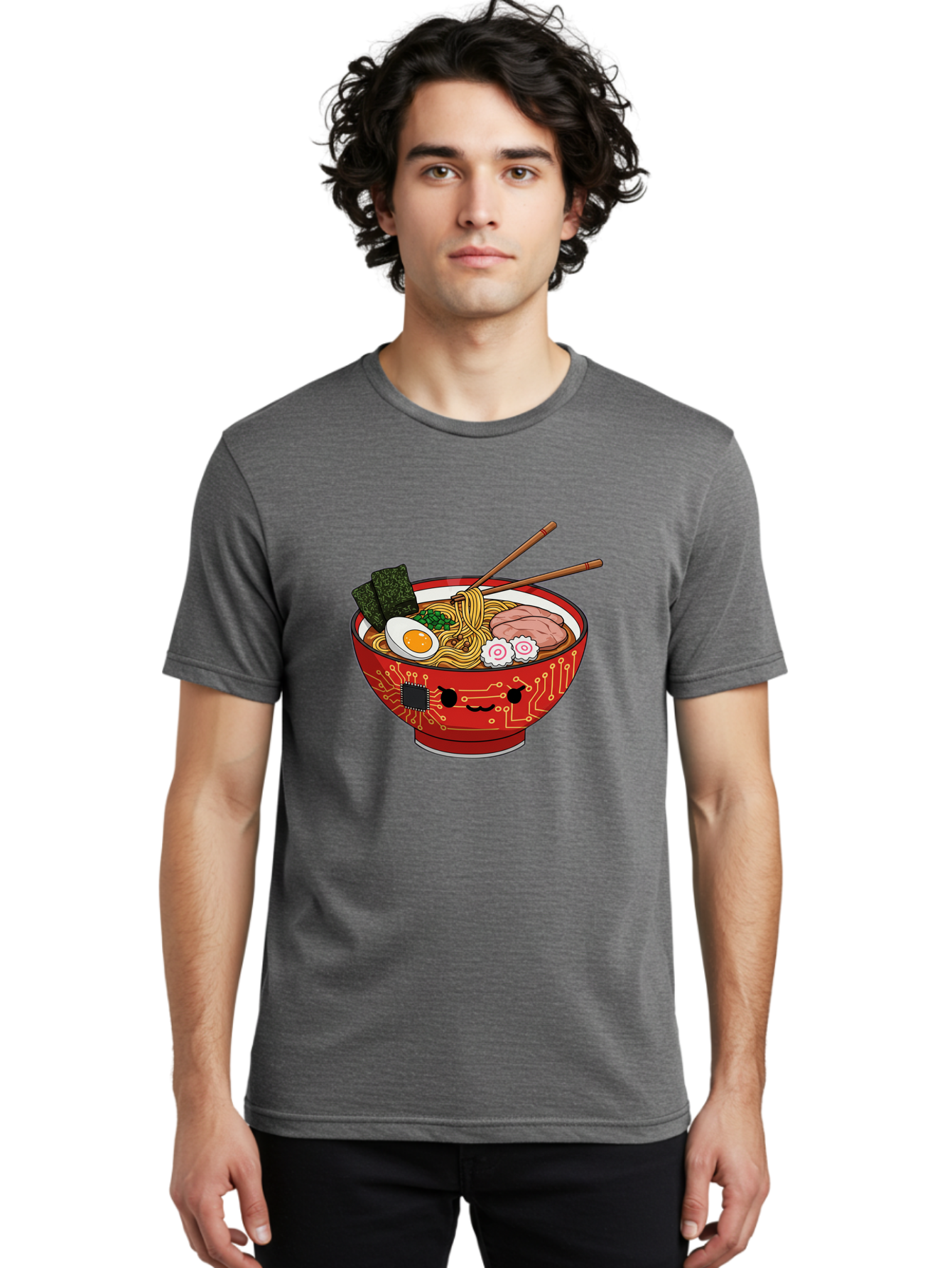Ramen-With-Circuitry Men'S Graphic Tee, 100% Cotton, Comfortable Casual Summer Wear, Machine Washable, Ramen Bowl, Robot Face, Circuit Board Design, Chopsticks, Boiled Egg, Seaweed, Pork Slices, Narutomaki, Japanese Cuisine, Tech Meets Food, Bae727