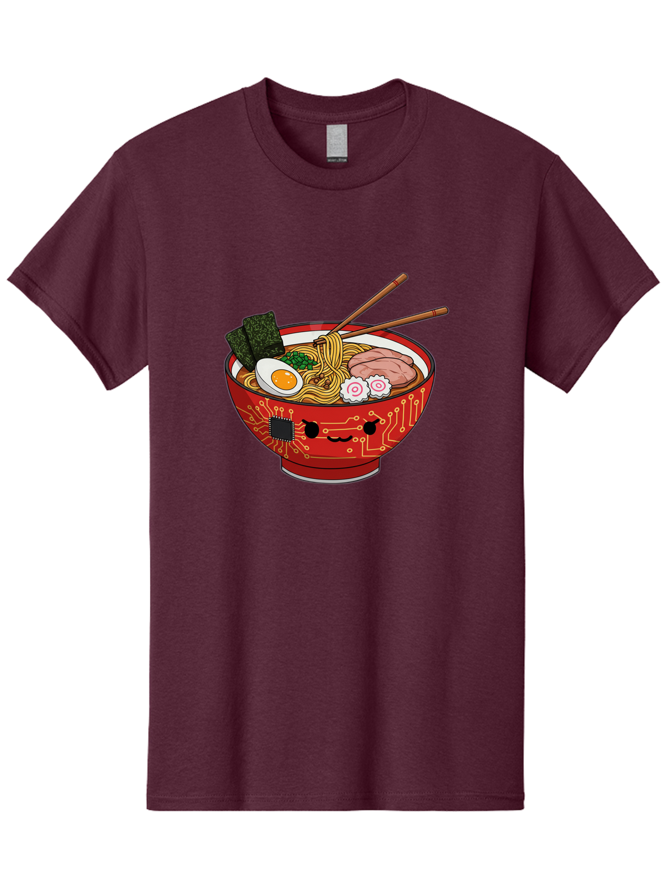 Ramen-With-Circuitry Men'S Graphic Tee, 100% Cotton, Comfortable Casual Summer Wear, Machine Washable, Ramen Bowl, Robot Face, Circuit Board Design, Chopsticks, Boiled Egg, Seaweed, Pork Slices, Narutomaki, Japanese Cuisine, Tech Meets Food, Bae727
