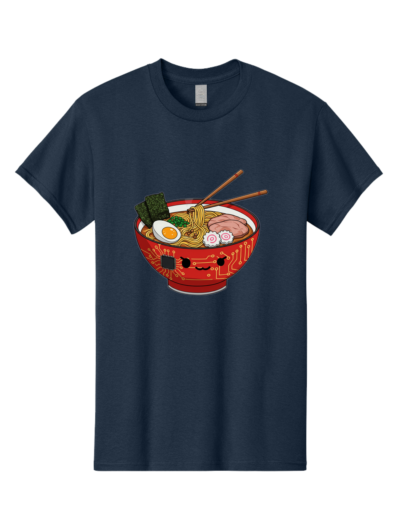 Ramen-With-Circuitry Men'S Graphic Tee, 100% Cotton, Comfortable Casual Summer Wear, Machine Washable, Ramen Bowl, Robot Face, Circuit Board Design, Chopsticks, Boiled Egg, Seaweed, Pork Slices, Narutomaki, Japanese Cuisine, Tech Meets Food, Bae727