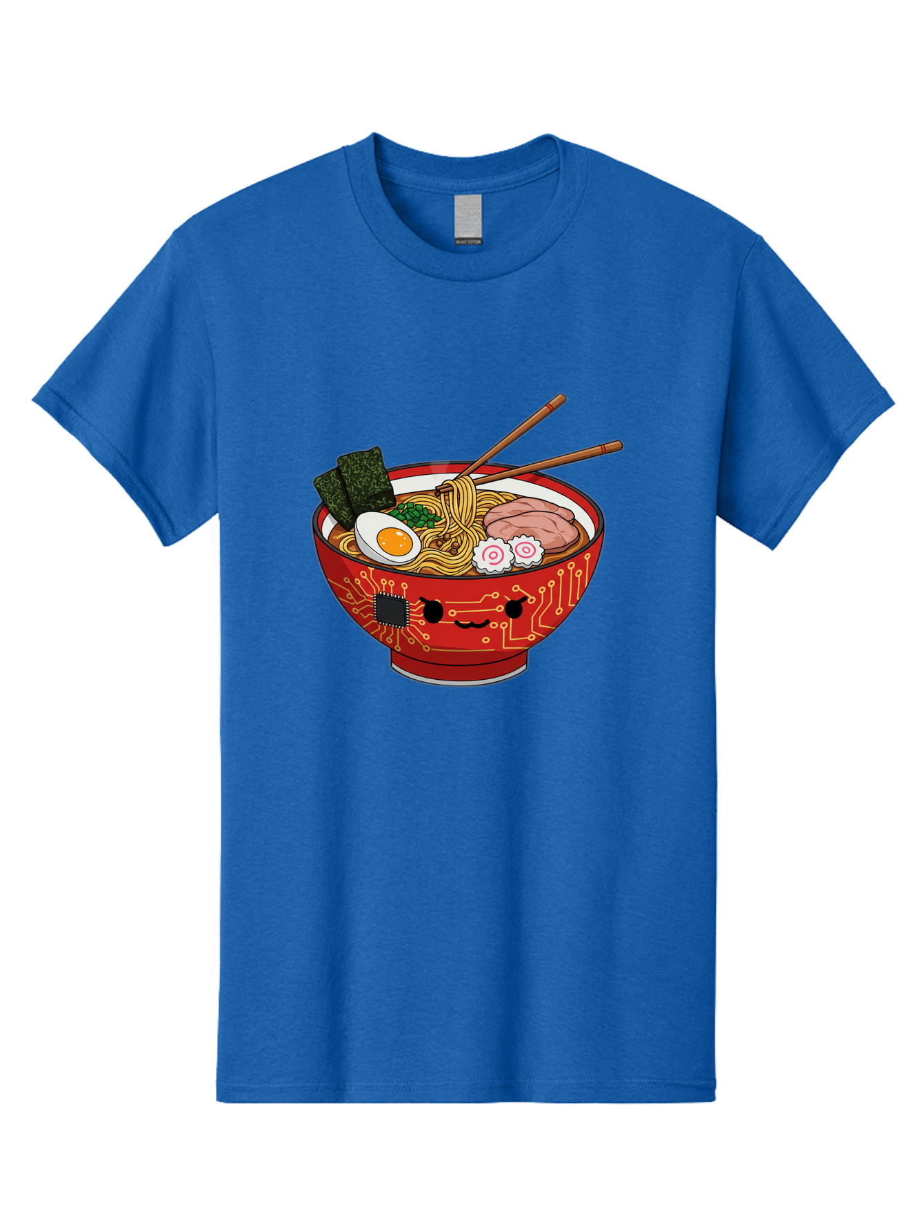 Ramen-With-Circuitry Men'S Graphic Tee, 100% Cotton, Comfortable Casual Summer Wear, Machine Washable, Ramen Bowl, Robot Face, Circuit Board Design, Chopsticks, Boiled Egg, Seaweed, Pork Slices, Narutomaki, Japanese Cuisine, Tech Meets Food, Bae727
