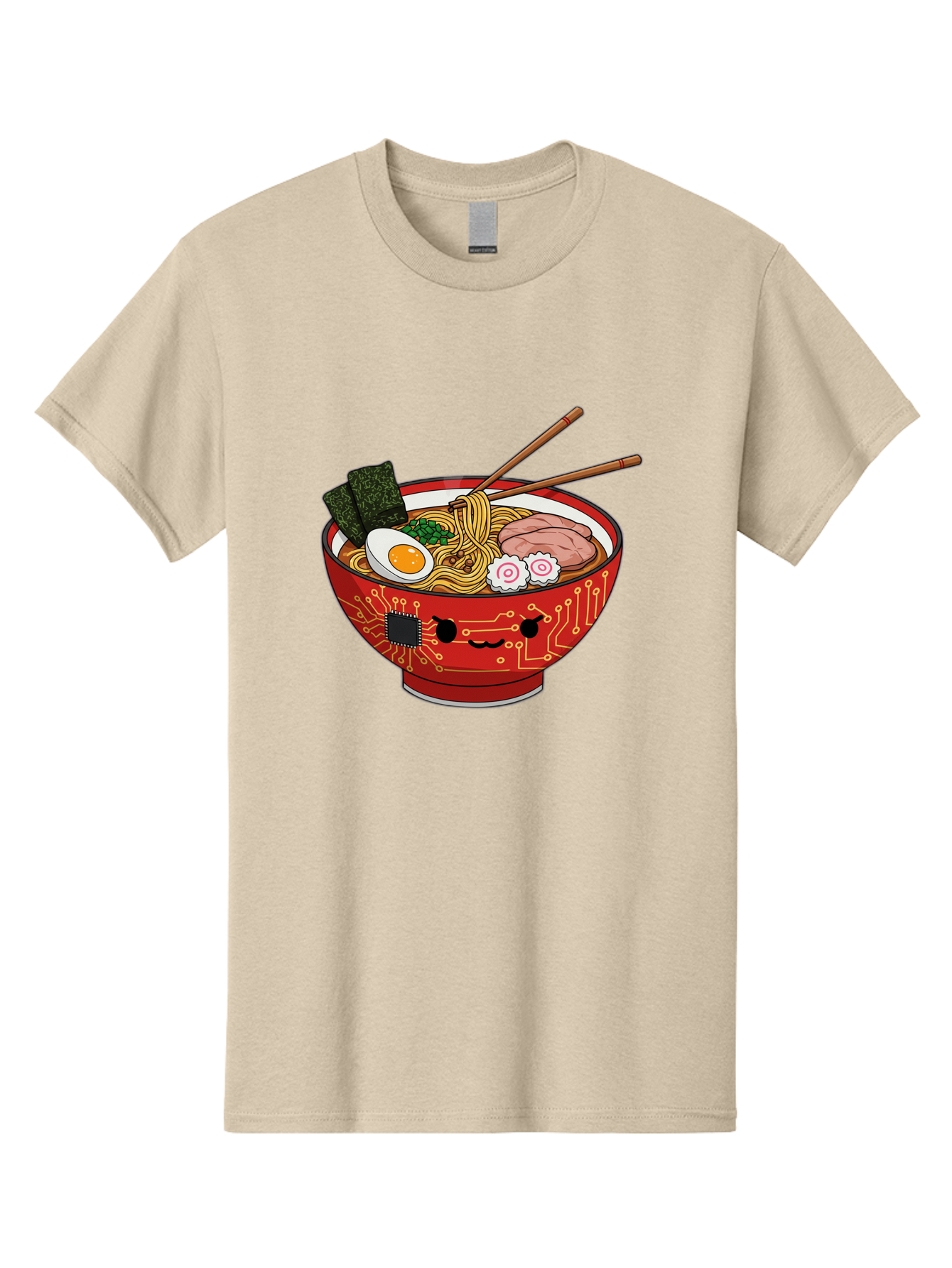 Ramen-With-Circuitry Men'S Graphic Tee, 100% Cotton, Comfortable Casual Summer Wear, Machine Washable, Ramen Bowl, Robot Face, Circuit Board Design, Chopsticks, Boiled Egg, Seaweed, Pork Slices, Narutomaki, Japanese Cuisine, Tech Meets Food, Bae727