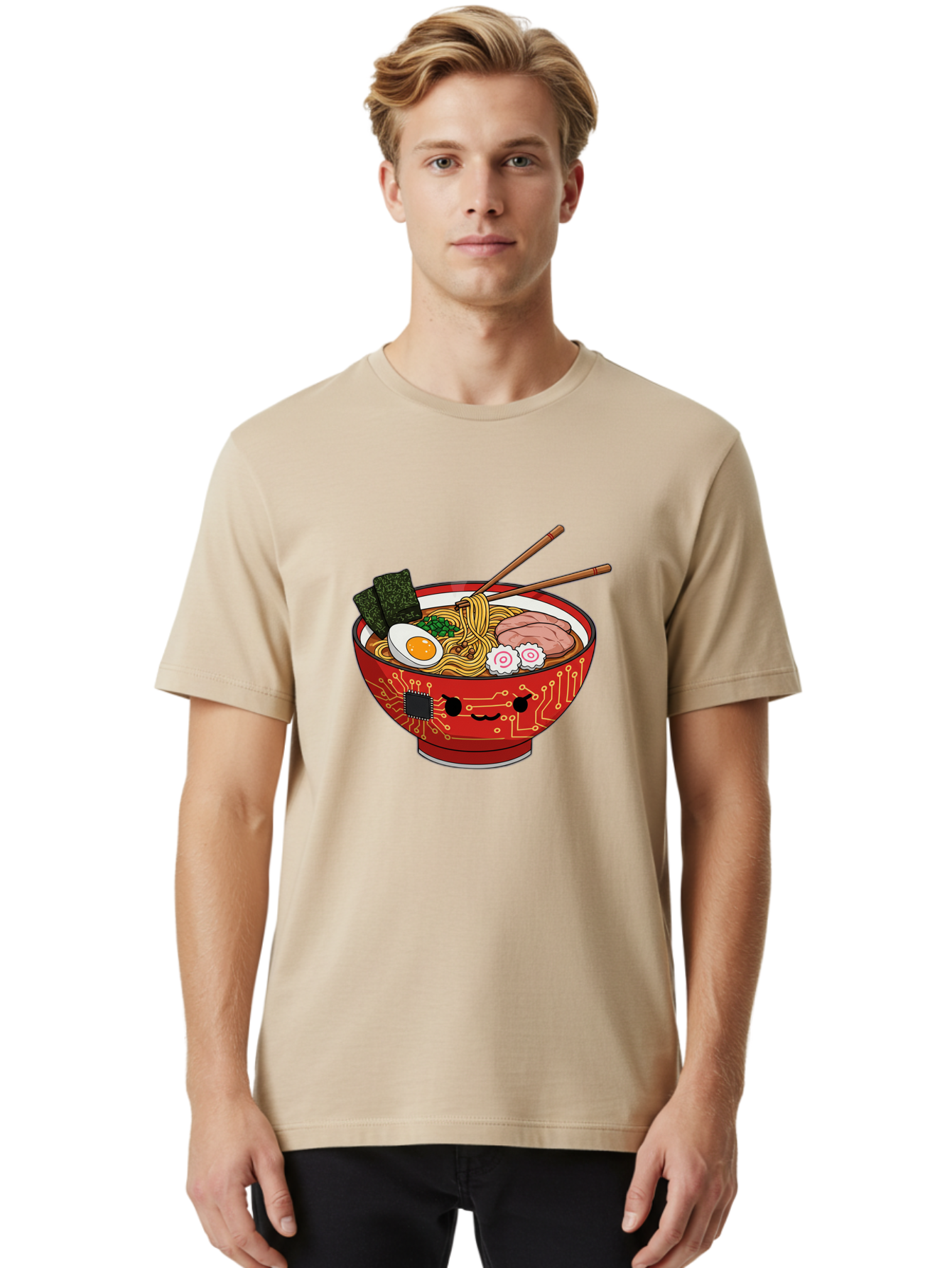 Ramen-With-Circuitry Men'S Graphic Tee, 100% Cotton, Comfortable Casual Summer Wear, Machine Washable, Ramen Bowl, Robot Face, Circuit Board Design, Chopsticks, Boiled Egg, Seaweed, Pork Slices, Narutomaki, Japanese Cuisine, Tech Meets Food, Bae727