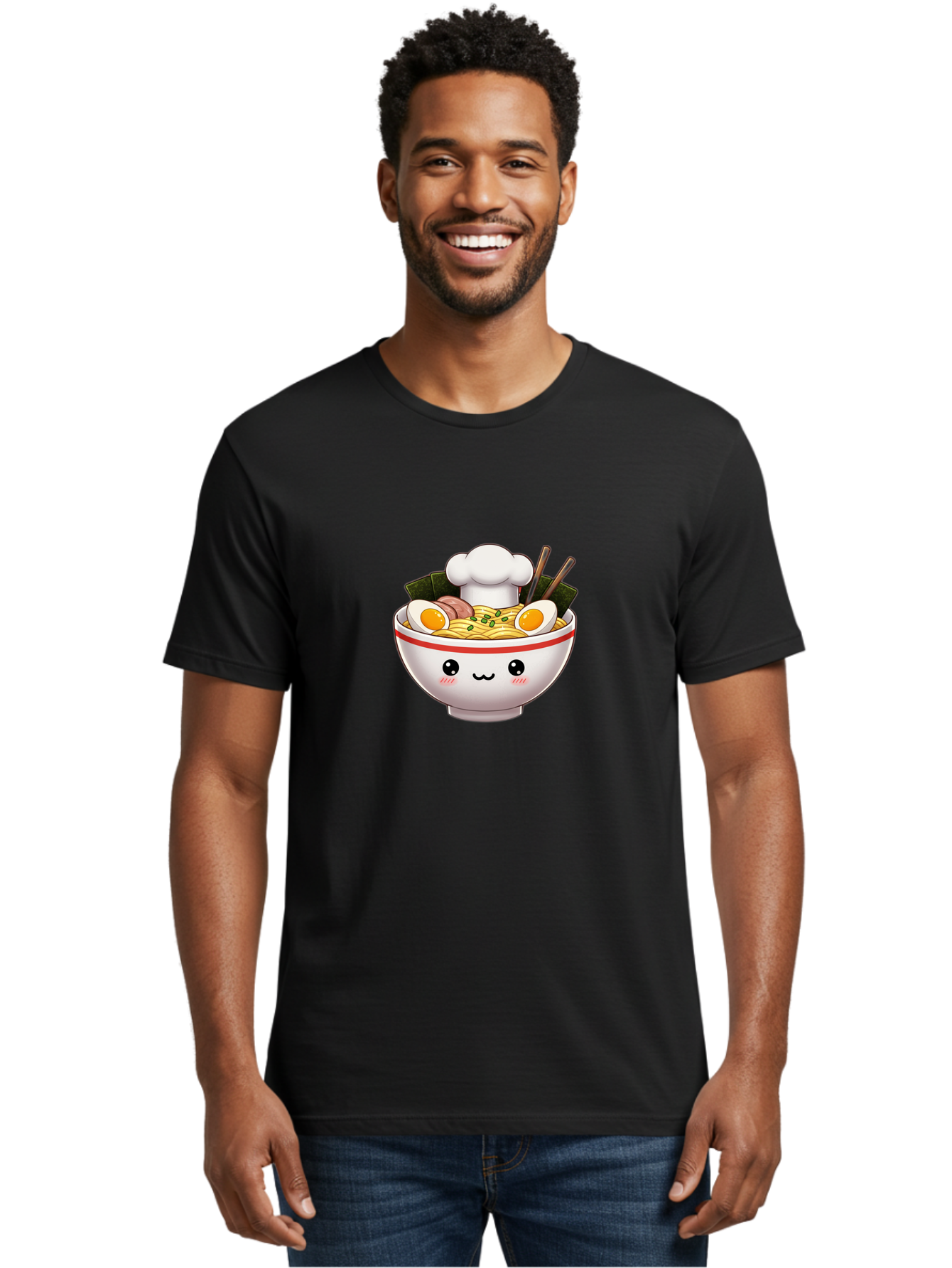 Ramen Men'S Graphic Tee, 100% Cotton, Comfortable Casual Summer Wear, Machine Washable, Cartoon Ramen Bowl, Anime Style Food, Kawaii Character, Delicious Noodles, Boiled Egg, Chopsticks, Savory Meat, Cute Illustration, Japanese Cuisine, Bae728