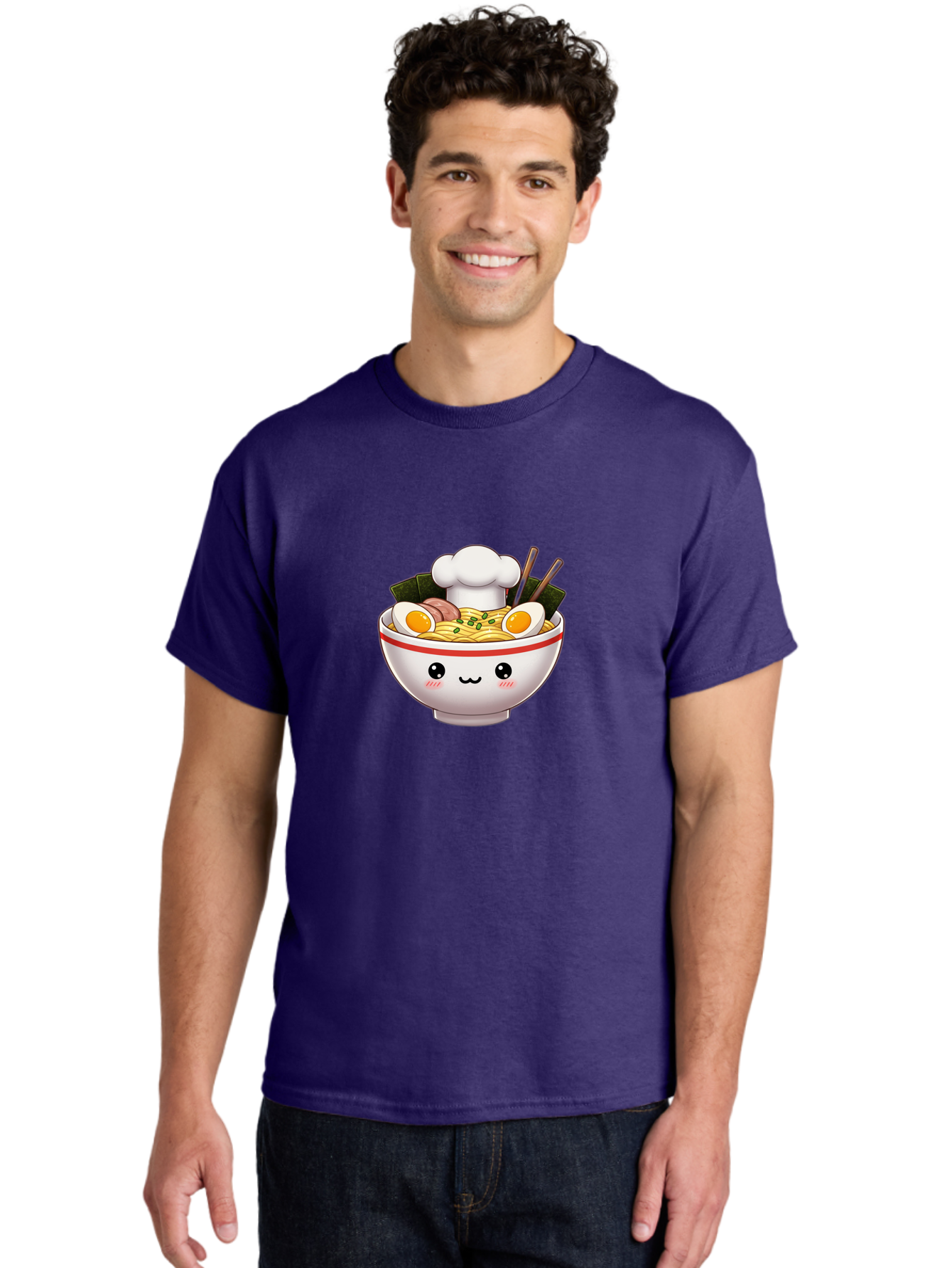 Ramen Men'S Graphic Tee, 100% Cotton, Comfortable Casual Summer Wear, Machine Washable, Cartoon Ramen Bowl, Anime Style Food, Kawaii Character, Delicious Noodles, Boiled Egg, Chopsticks, Savory Meat, Cute Illustration, Japanese Cuisine, Bae728