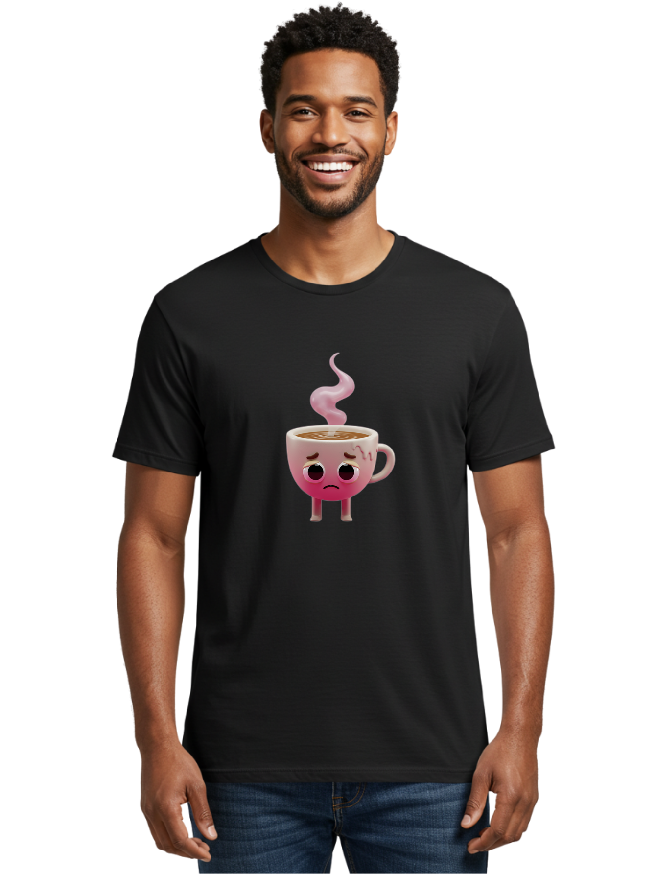 Sad-Coffee-Cup-1 Men'S Graphic Tee, 100% Cotton, Comfortable Casual Summer Wear, Machine Washable, Cartoon Coffee Cup With Face, Coffee In The Cup, Steaming Hot Beverage, Sad Face Expression, Pink Gradient Color, Quirky Character Design, Bae730