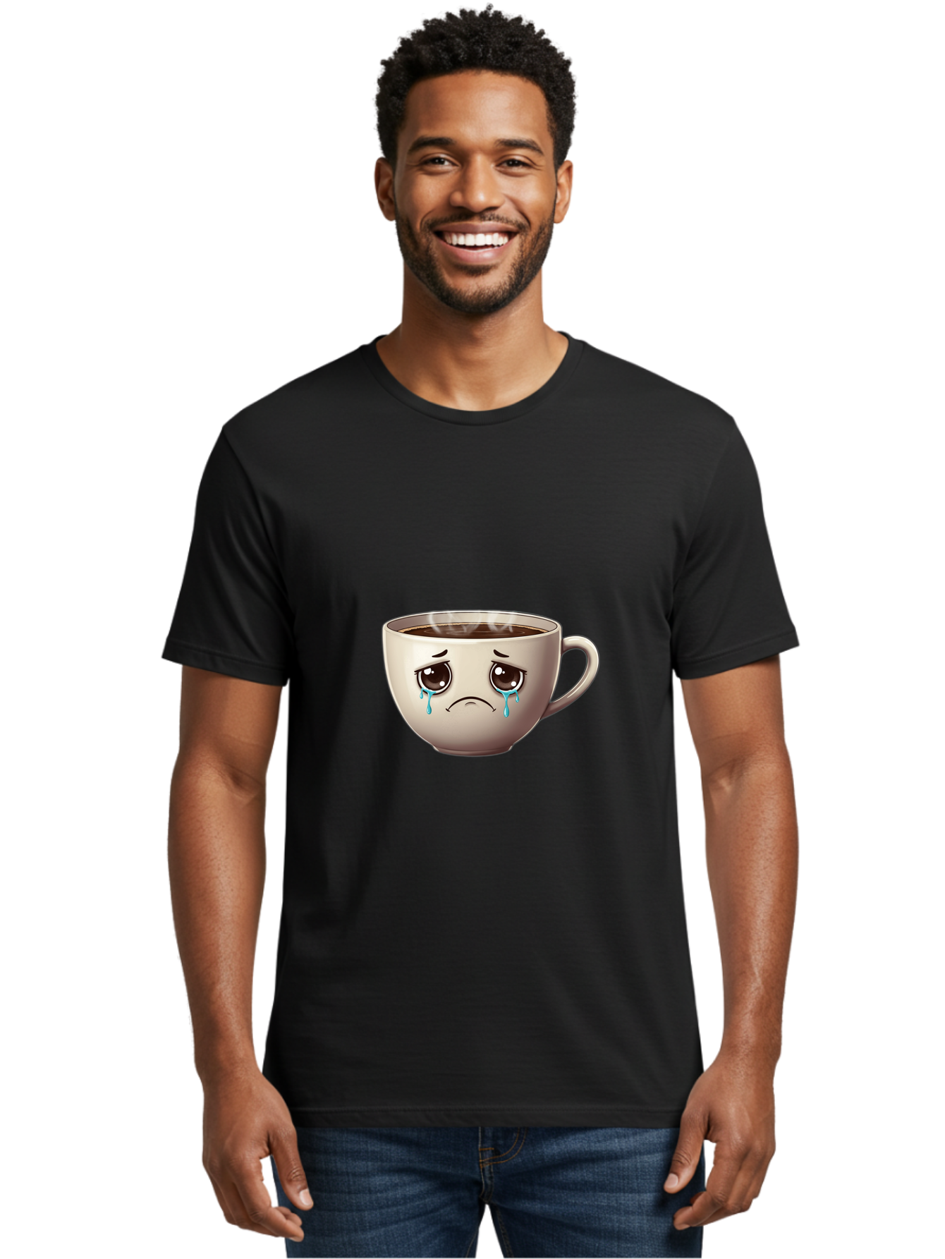 Sad-Coffee-Cup-2 Men'S Graphic Tee, 100% Cotton, Comfortable Casual Summer Wear, Machine Washable, Unhappy Coffee Cup, Sad Face, Crying Emoji, Steaming Hot Coffee, Frowning Face, Emotional Beverage, Coffee Lover'S Distress, Tearful Coffee Cup Bae731