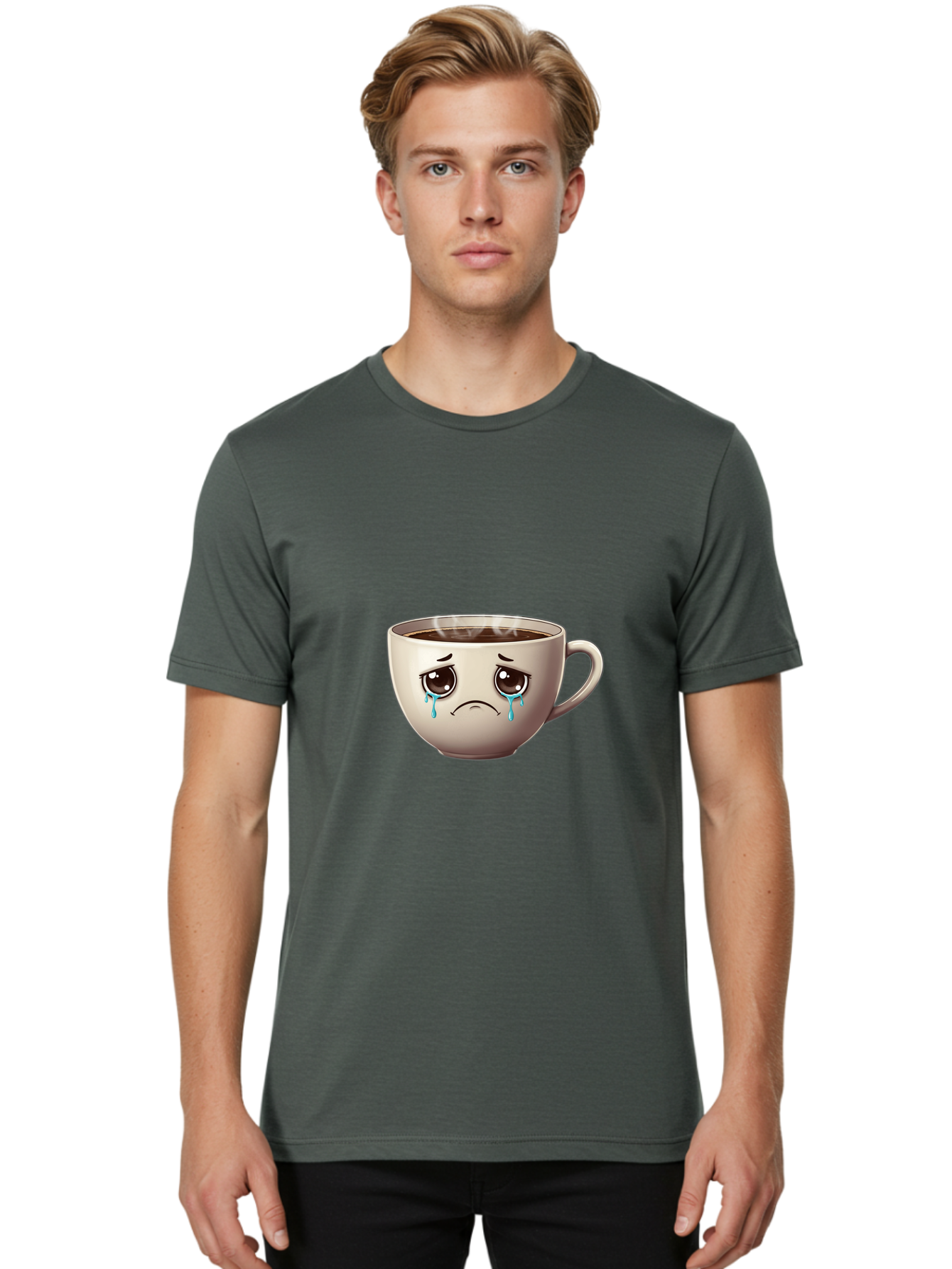 Sad-Coffee-Cup-2 Men'S Graphic Tee, 100% Cotton, Comfortable Casual Summer Wear, Machine Washable, Unhappy Coffee Cup, Sad Face, Crying Emoji, Steaming Hot Coffee, Frowning Face, Emotional Beverage, Coffee Lover'S Distress, Tearful Coffee Cup Bae731