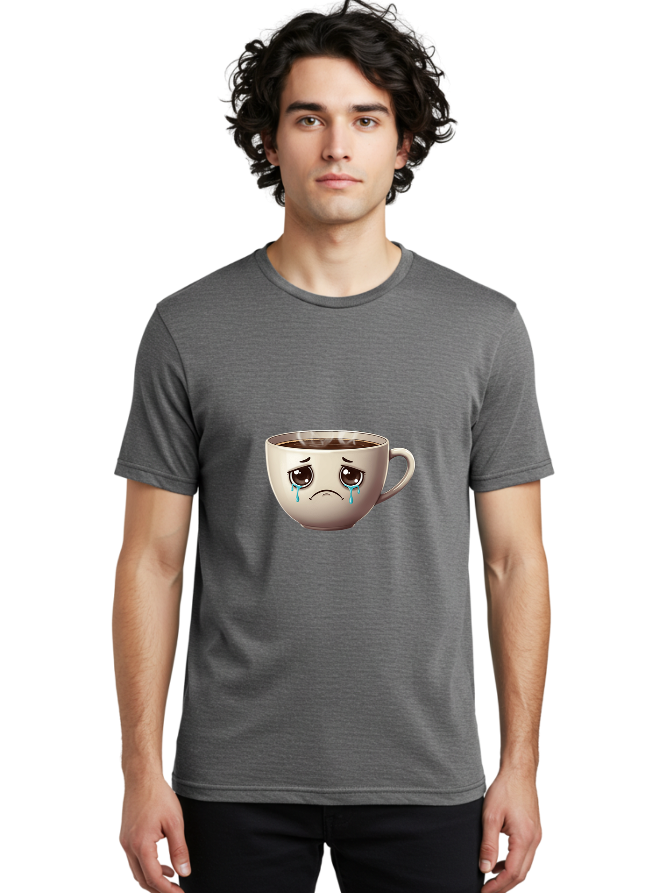 Sad-Coffee-Cup-2 Men'S Graphic Tee, 100% Cotton, Comfortable Casual Summer Wear, Machine Washable, Unhappy Coffee Cup, Sad Face, Crying Emoji, Steaming Hot Coffee, Frowning Face, Emotional Beverage, Coffee Lover'S Distress, Tearful Coffee Cup Bae731