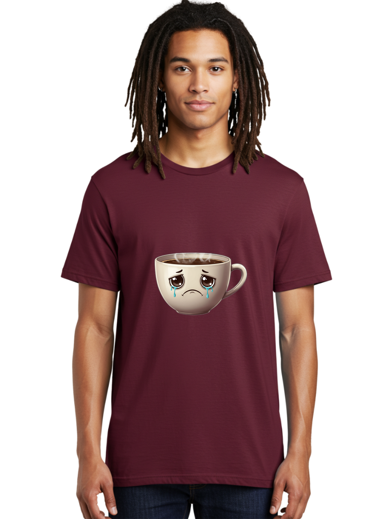 Sad-Coffee-Cup-2 Men'S Graphic Tee, 100% Cotton, Comfortable Casual Summer Wear, Machine Washable, Unhappy Coffee Cup, Sad Face, Crying Emoji, Steaming Hot Coffee, Frowning Face, Emotional Beverage, Coffee Lover'S Distress, Tearful Coffee Cup Bae731