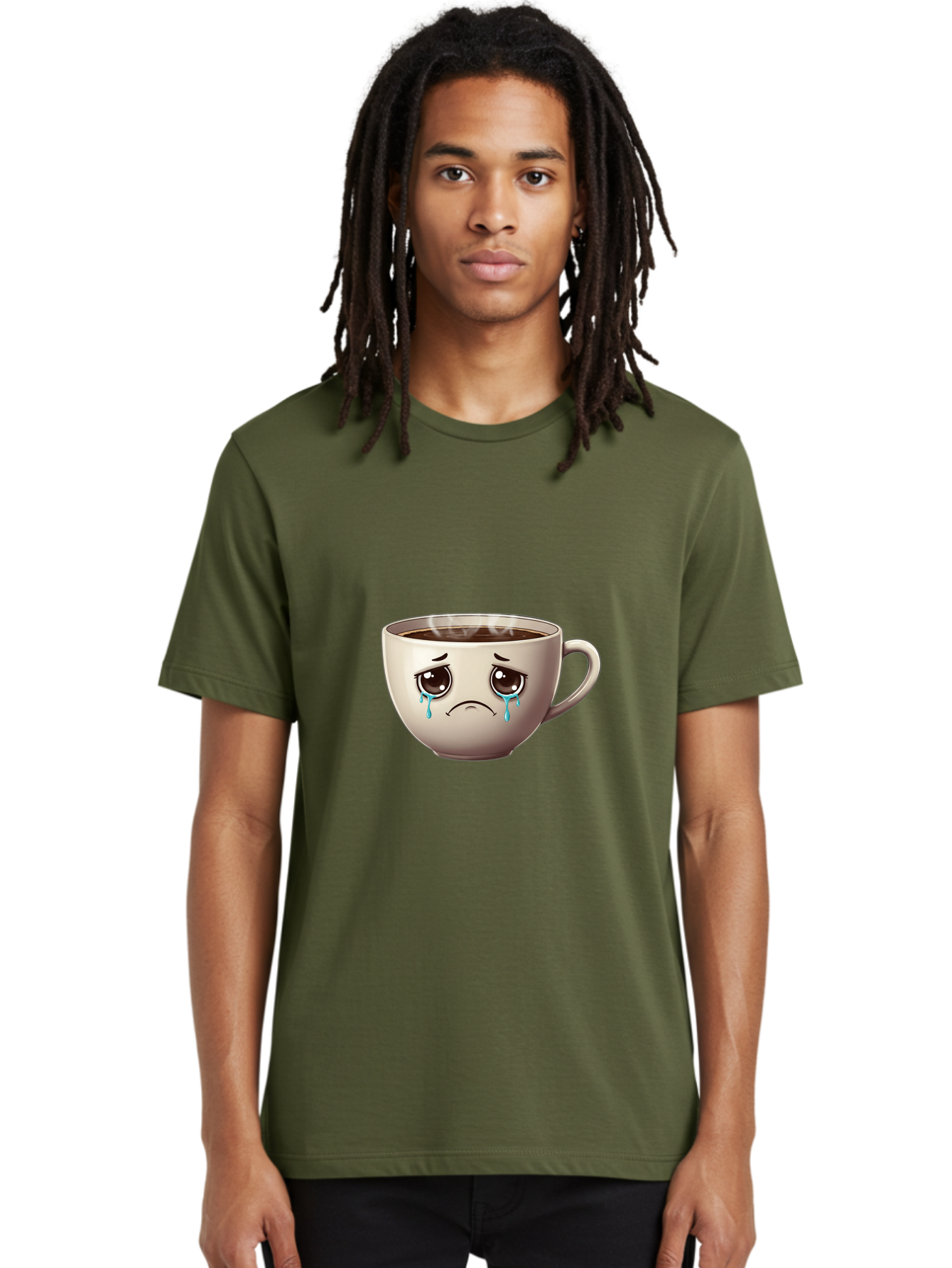 Sad-Coffee-Cup-2 Men'S Graphic Tee, 100% Cotton, Comfortable Casual Summer Wear, Machine Washable, Unhappy Coffee Cup, Sad Face, Crying Emoji, Steaming Hot Coffee, Frowning Face, Emotional Beverage, Coffee Lover'S Distress, Tearful Coffee Cup Bae731