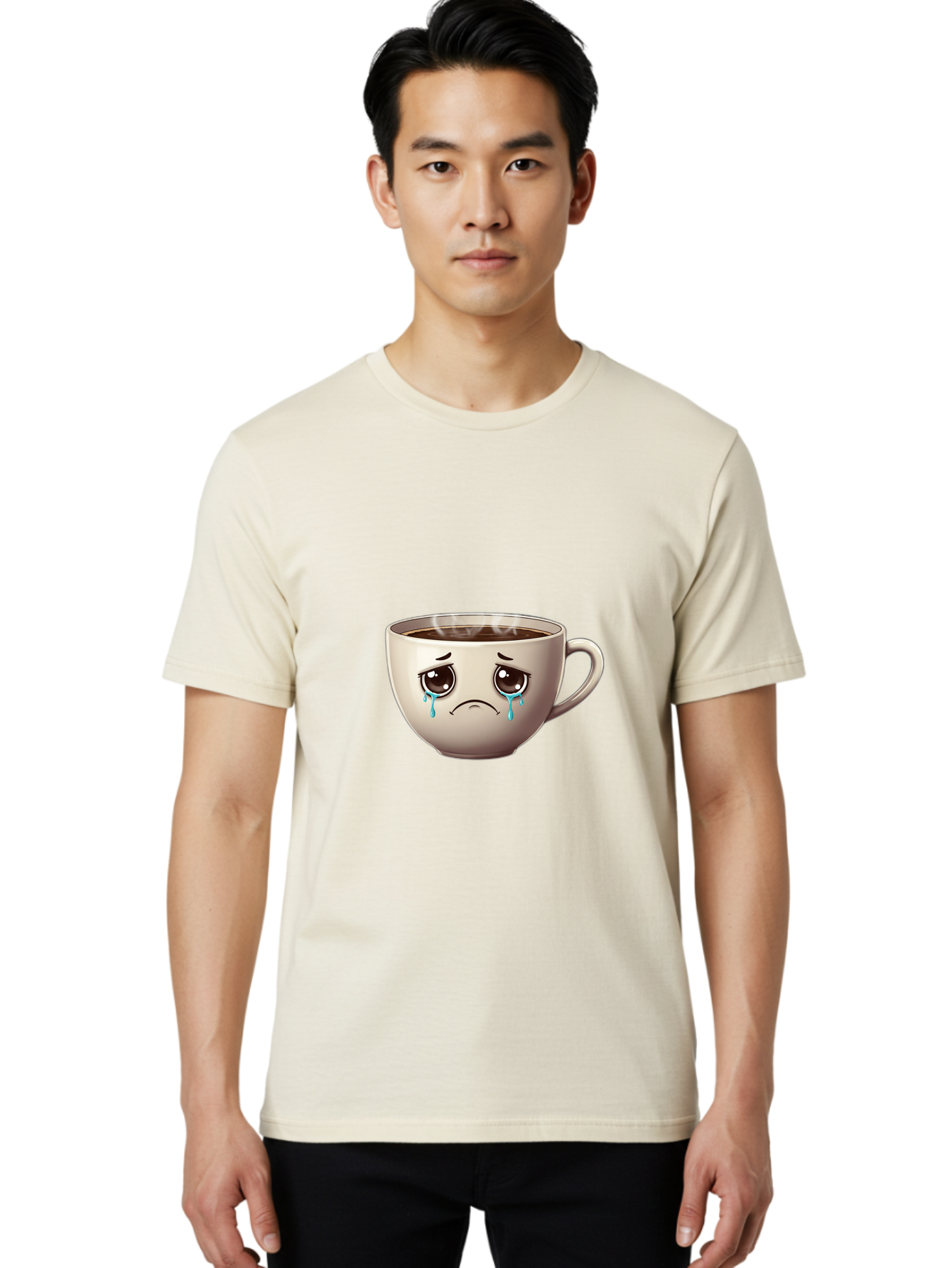 Sad-Coffee-Cup-2 Men'S Graphic Tee, 100% Cotton, Comfortable Casual Summer Wear, Machine Washable, Unhappy Coffee Cup, Sad Face, Crying Emoji, Steaming Hot Coffee, Frowning Face, Emotional Beverage, Coffee Lover'S Distress, Tearful Coffee Cup Bae731