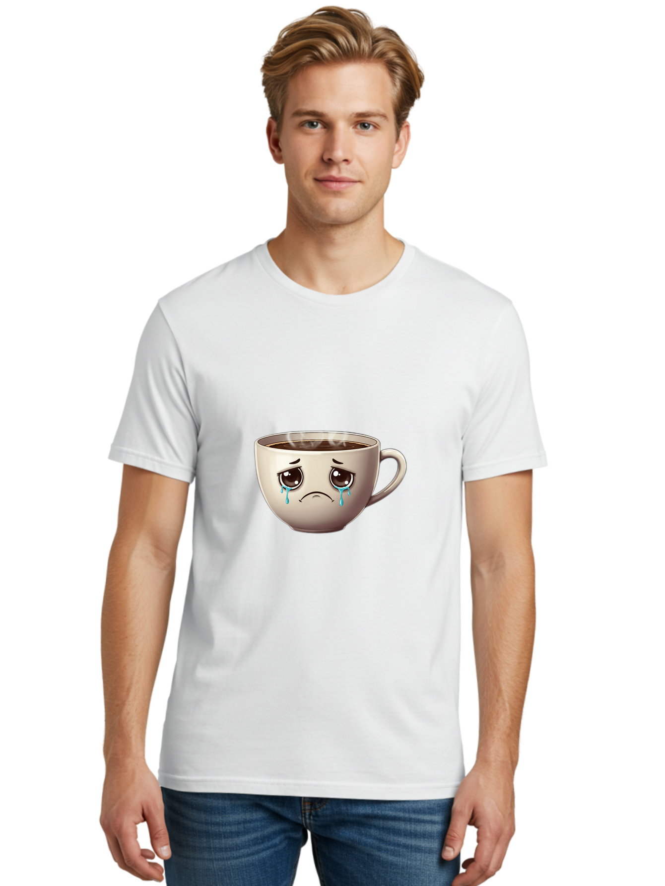 Sad-Coffee-Cup-2 Men'S Graphic Tee, 100% Cotton, Comfortable Casual Summer Wear, Machine Washable, Unhappy Coffee Cup, Sad Face, Crying Emoji, Steaming Hot Coffee, Frowning Face, Emotional Beverage, Coffee Lover'S Distress, Tearful Coffee Cup Bae731