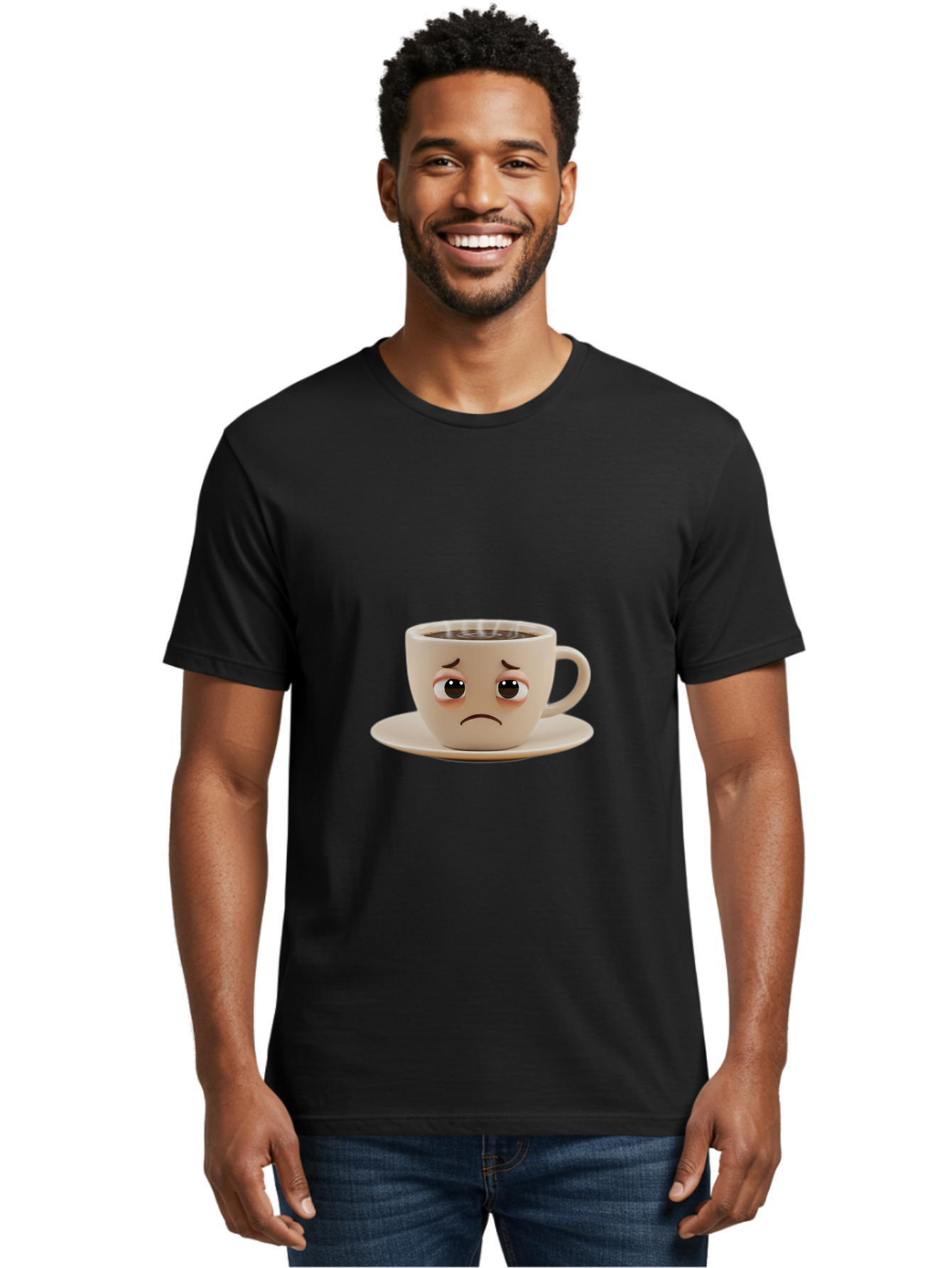 Sad-Coffee-Cup-3 Men'S Graphic Tee, 100% Cotton, Comfortable Casual Summer Wear, Machine Washable, Sad Coffee Cup, Frowning Face, Coffee Break, Unhappy Mood, Cartoon Character, Cute Design, Coffee Lover, Emotional Expression, Bae732