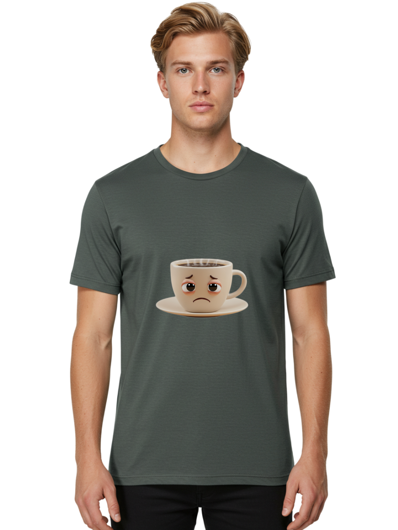 Sad-Coffee-Cup-3 Men'S Graphic Tee, 100% Cotton, Comfortable Casual Summer Wear, Machine Washable, Sad Coffee Cup, Frowning Face, Coffee Break, Unhappy Mood, Cartoon Character, Cute Design, Coffee Lover, Emotional Expression, Bae732