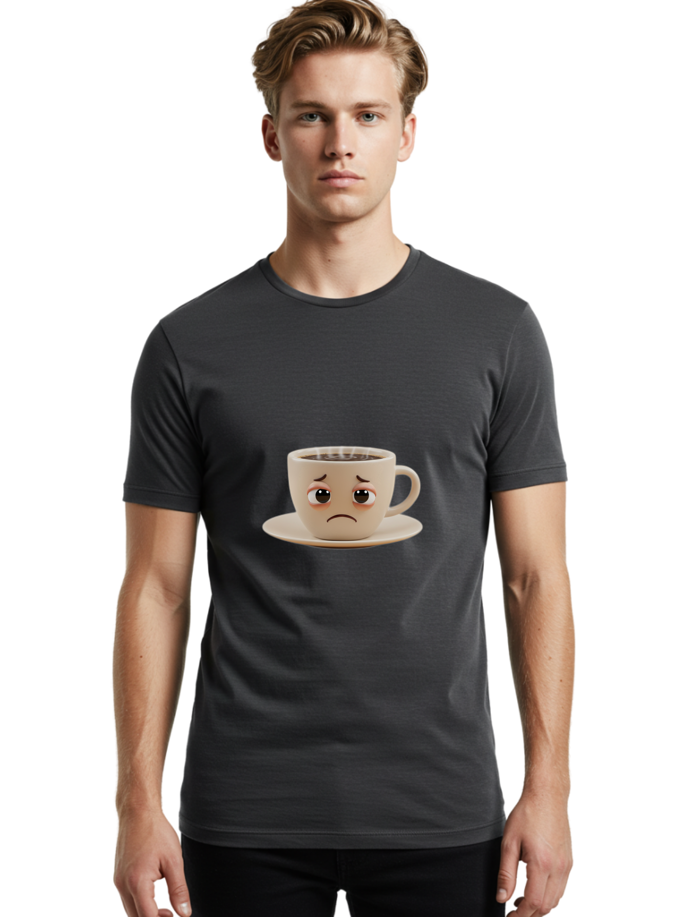 Sad-Coffee-Cup-3 Men'S Graphic Tee, 100% Cotton, Comfortable Casual Summer Wear, Machine Washable, Sad Coffee Cup, Frowning Face, Coffee Break, Unhappy Mood, Cartoon Character, Cute Design, Coffee Lover, Emotional Expression, Bae732