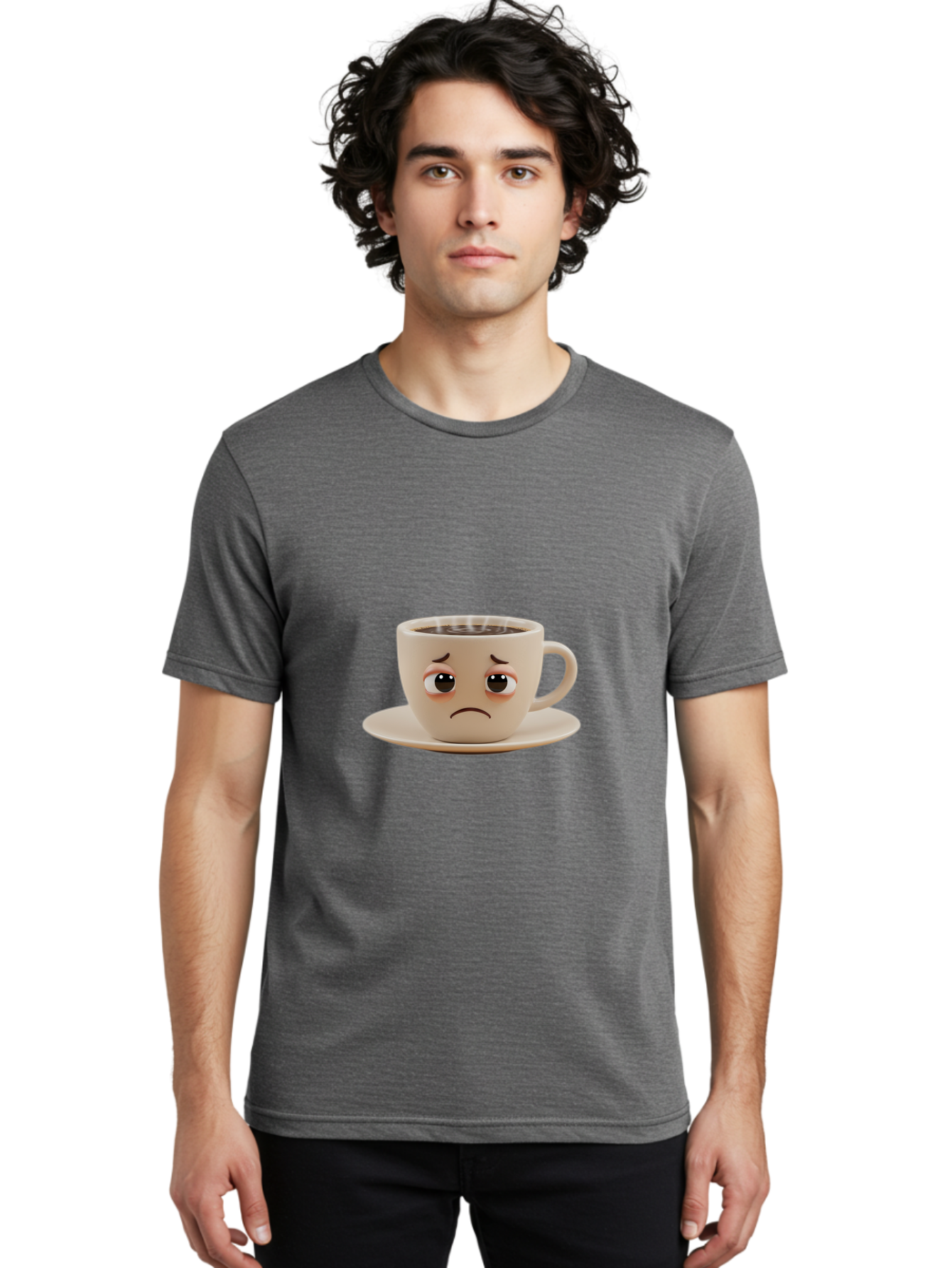 Sad-Coffee-Cup-3 Men'S Graphic Tee, 100% Cotton, Comfortable Casual Summer Wear, Machine Washable, Sad Coffee Cup, Frowning Face, Coffee Break, Unhappy Mood, Cartoon Character, Cute Design, Coffee Lover, Emotional Expression, Bae732