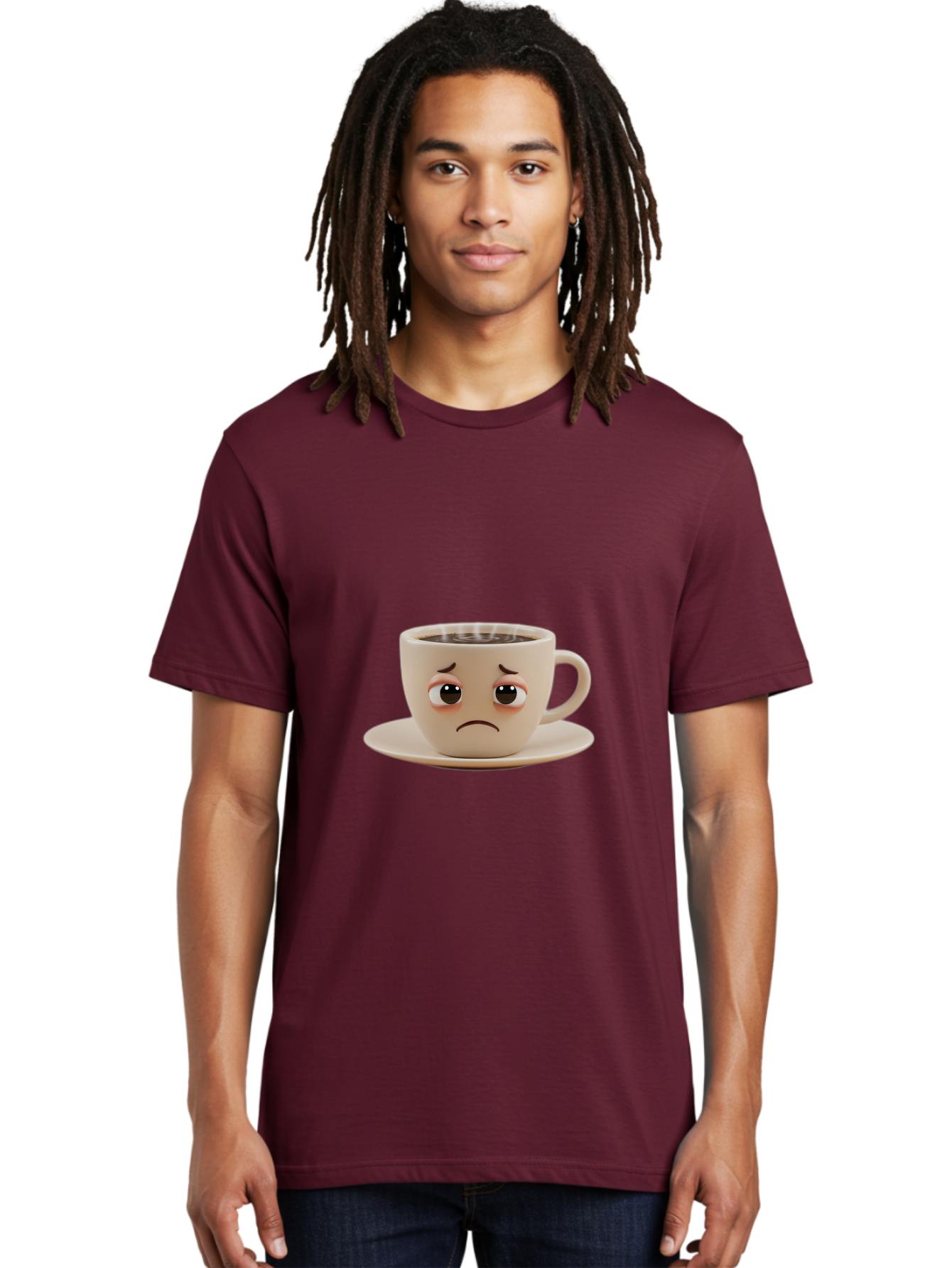 Sad-Coffee-Cup-3 Men'S Graphic Tee, 100% Cotton, Comfortable Casual Summer Wear, Machine Washable, Sad Coffee Cup, Frowning Face, Coffee Break, Unhappy Mood, Cartoon Character, Cute Design, Coffee Lover, Emotional Expression, Bae732